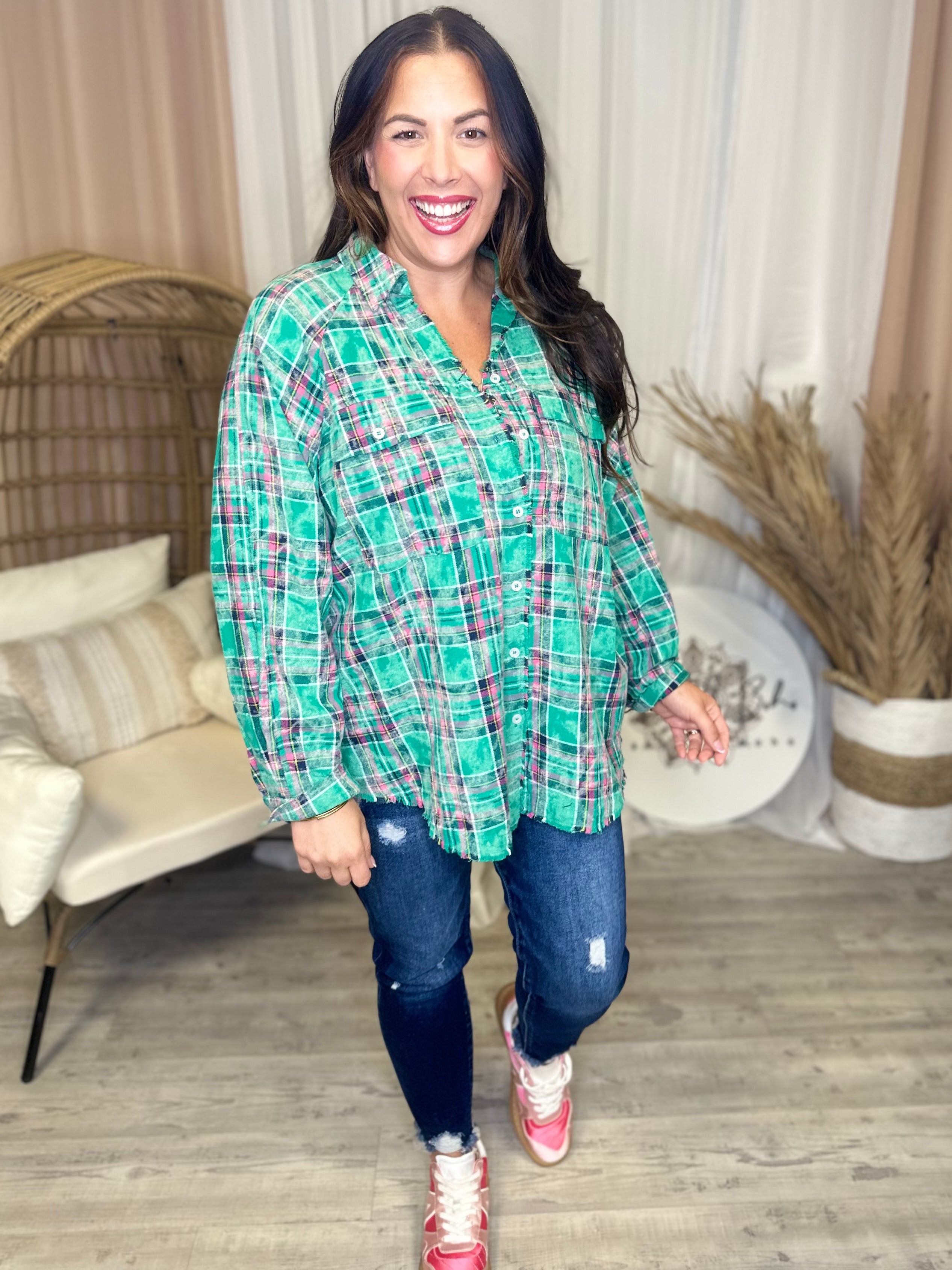 Kelly Button Down Flannel-120 Long Sleeve Tops-WHITE BIRCH-Heathered Boho Boutique, Women's Fashion and Accessories in Palmetto, FL