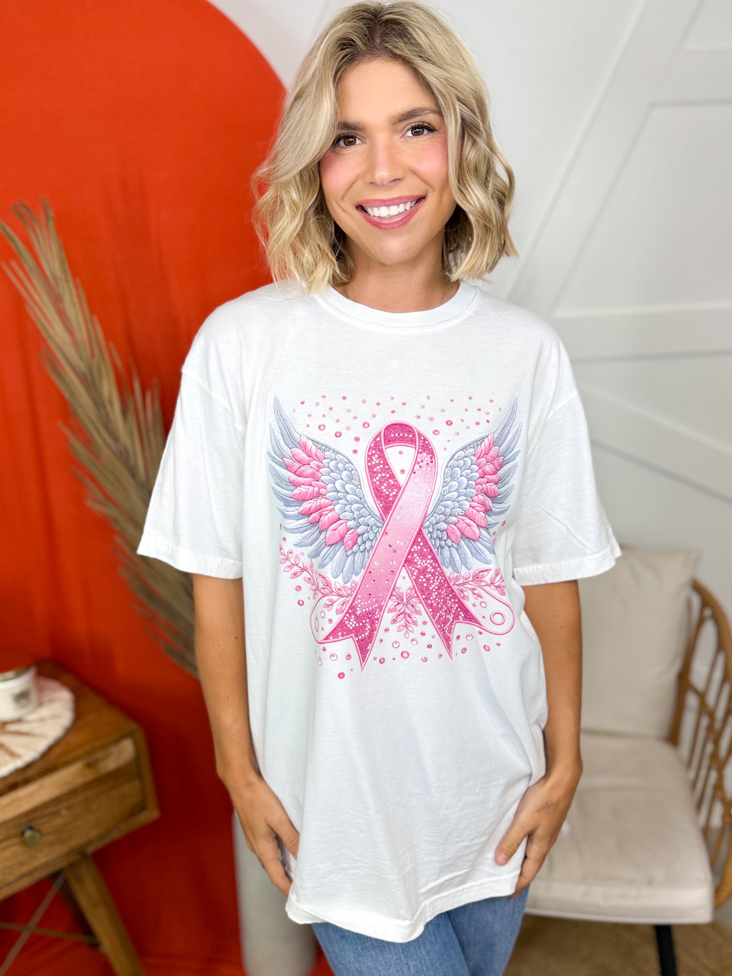 Angel Wings Ribbon Graphic Tee-130 Graphic Tees-Heathered Boho-Heathered Boho Boutique, Women's Fashion and Accessories in Palmetto, FL