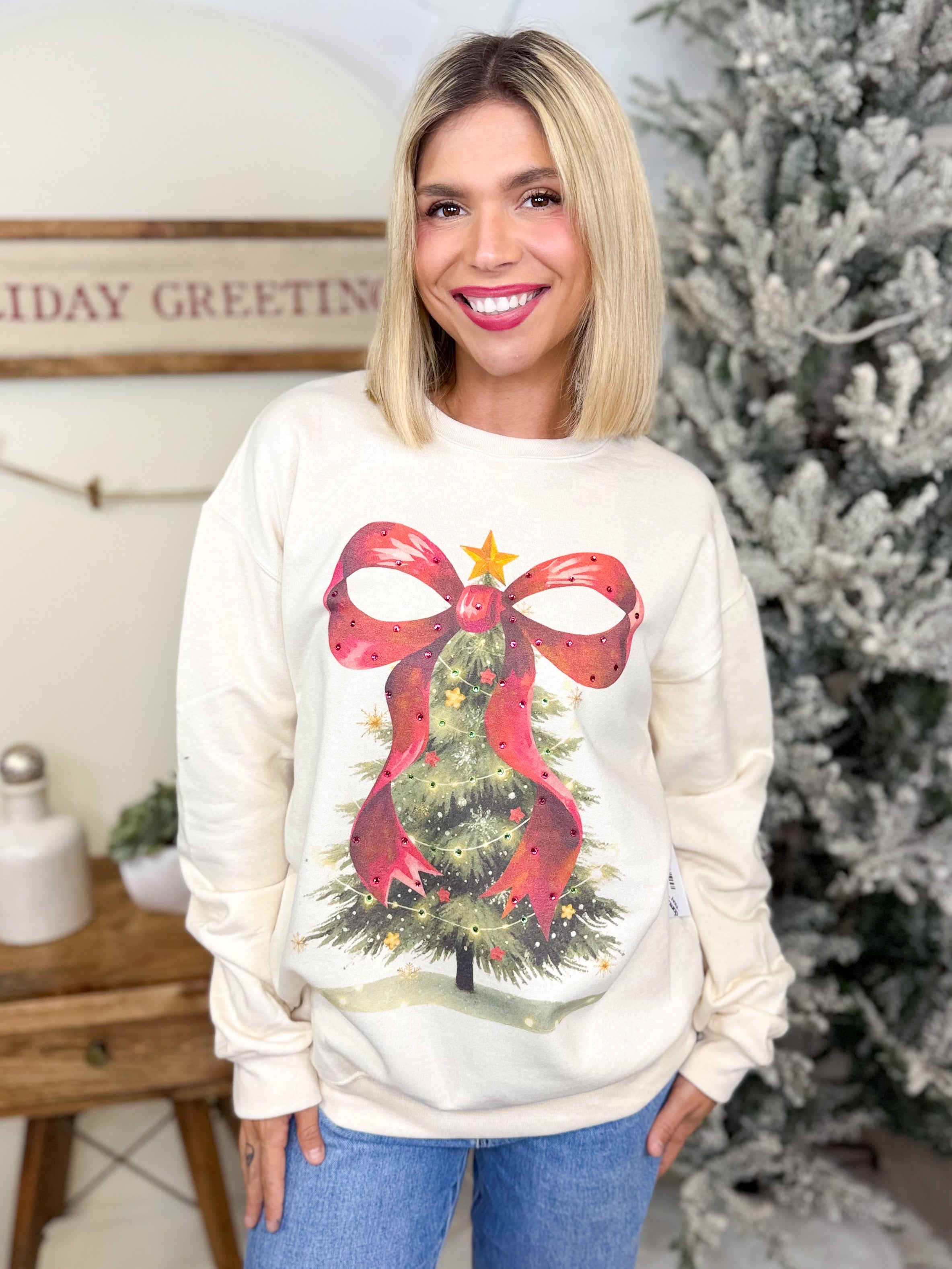 Rhinestone Bow Christmas Tree Graphic Sweatshirt-130 Graphic Tees-SUGAR STITCH-Heathered Boho Boutique, Women's Fashion and Accessories in Palmetto, FL