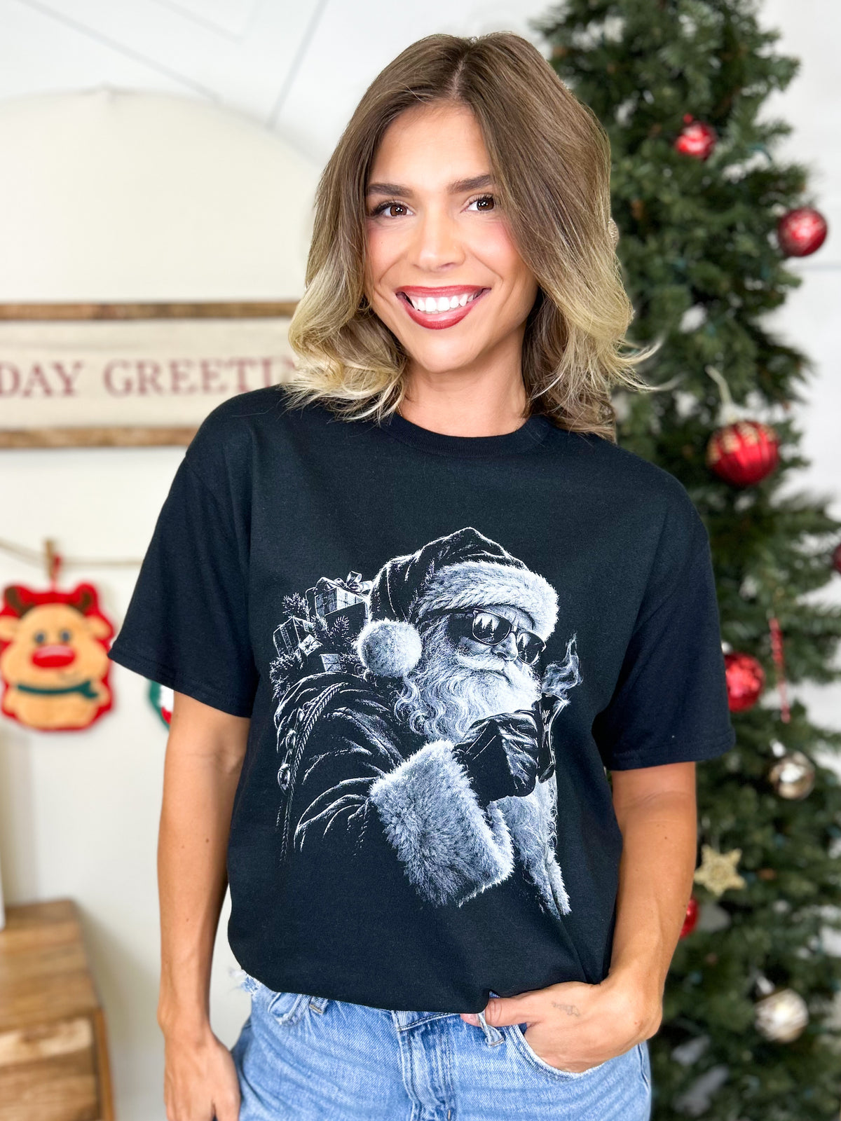 Sunglasses & Hot Cocoa Santa Graphic Tee-130 Graphic Tees-Heathered Boho-Heathered Boho Boutique, Women's Fashion and Accessories in Palmetto, FL