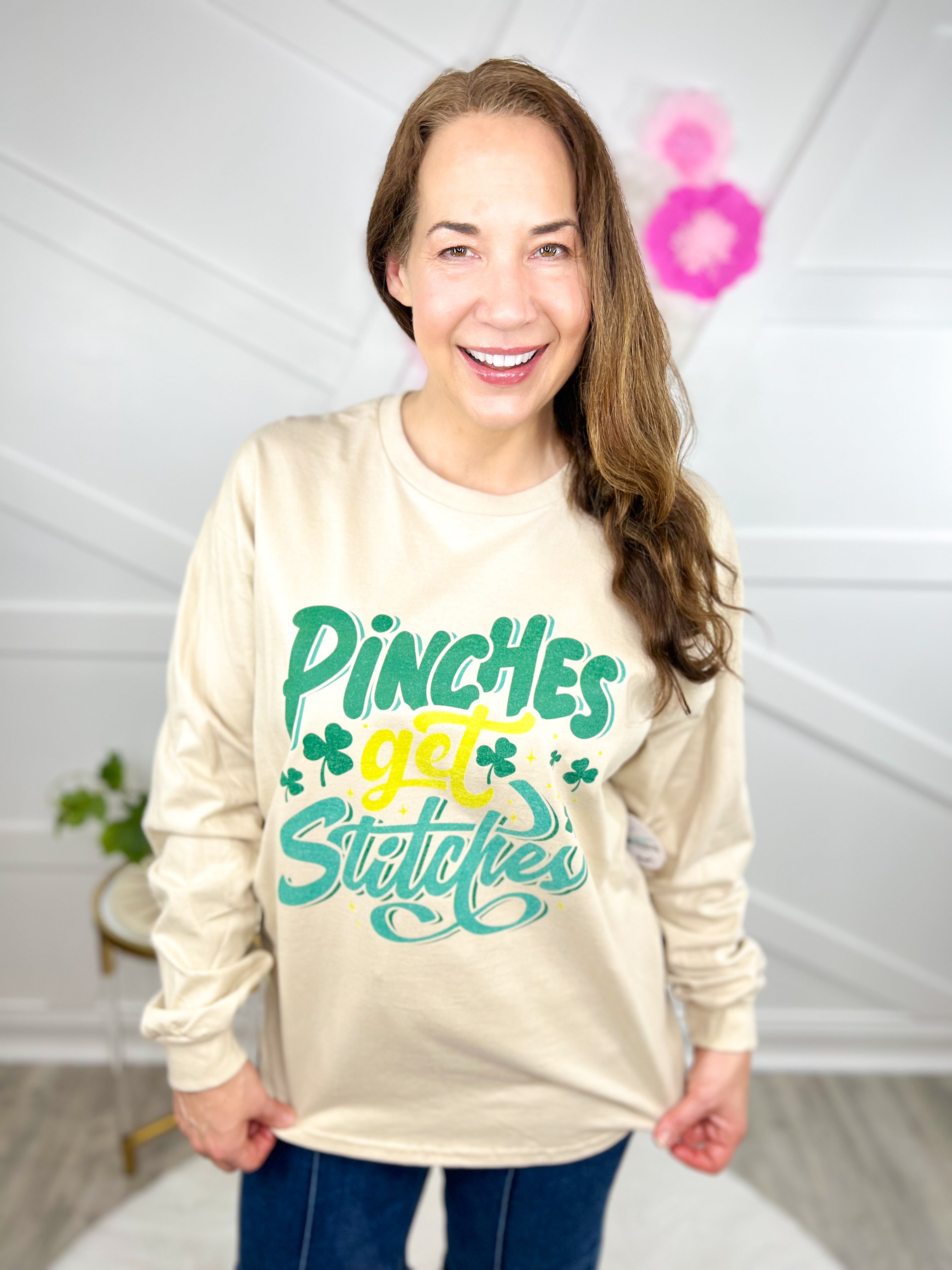 Pinches Get Stitches Graphic Long Sleeve-130 Graphic Tees-Heathered Boho-Heathered Boho Boutique, Women's Fashion and Accessories in Palmetto, FL