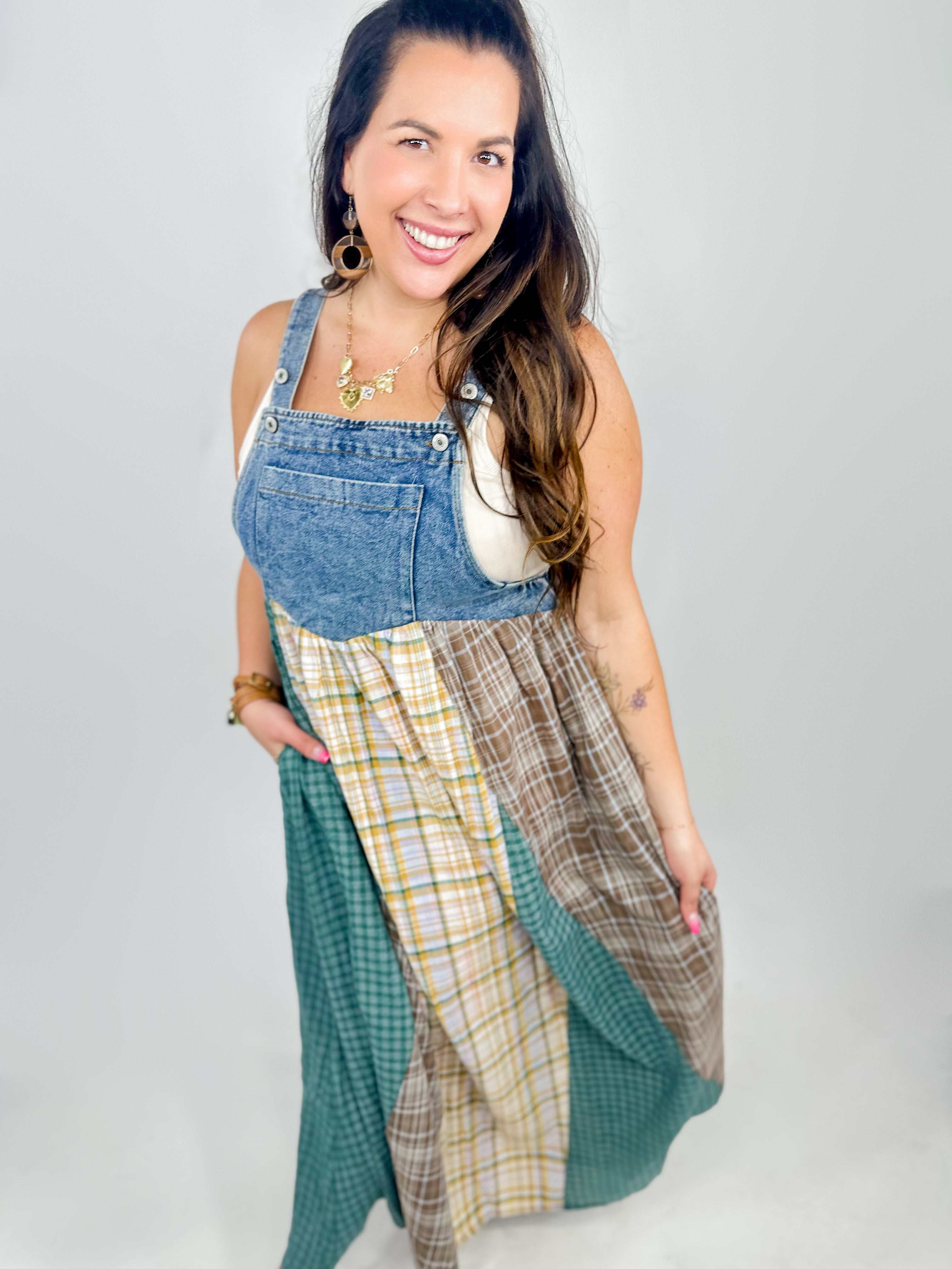 RESTOCK : Plaid to Meet You Overall Dress-230 Dresses/Jumpsuits/Rompers-ODDI-Heathered Boho Boutique, Women's Fashion and Accessories in Palmetto, FL