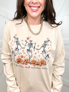 Dancing Skelly Trio Graphic Long Sleeve-130 Graphic Tees-Heathered Boho-Heathered Boho Boutique, Women's Fashion and Accessories in Palmetto, FL