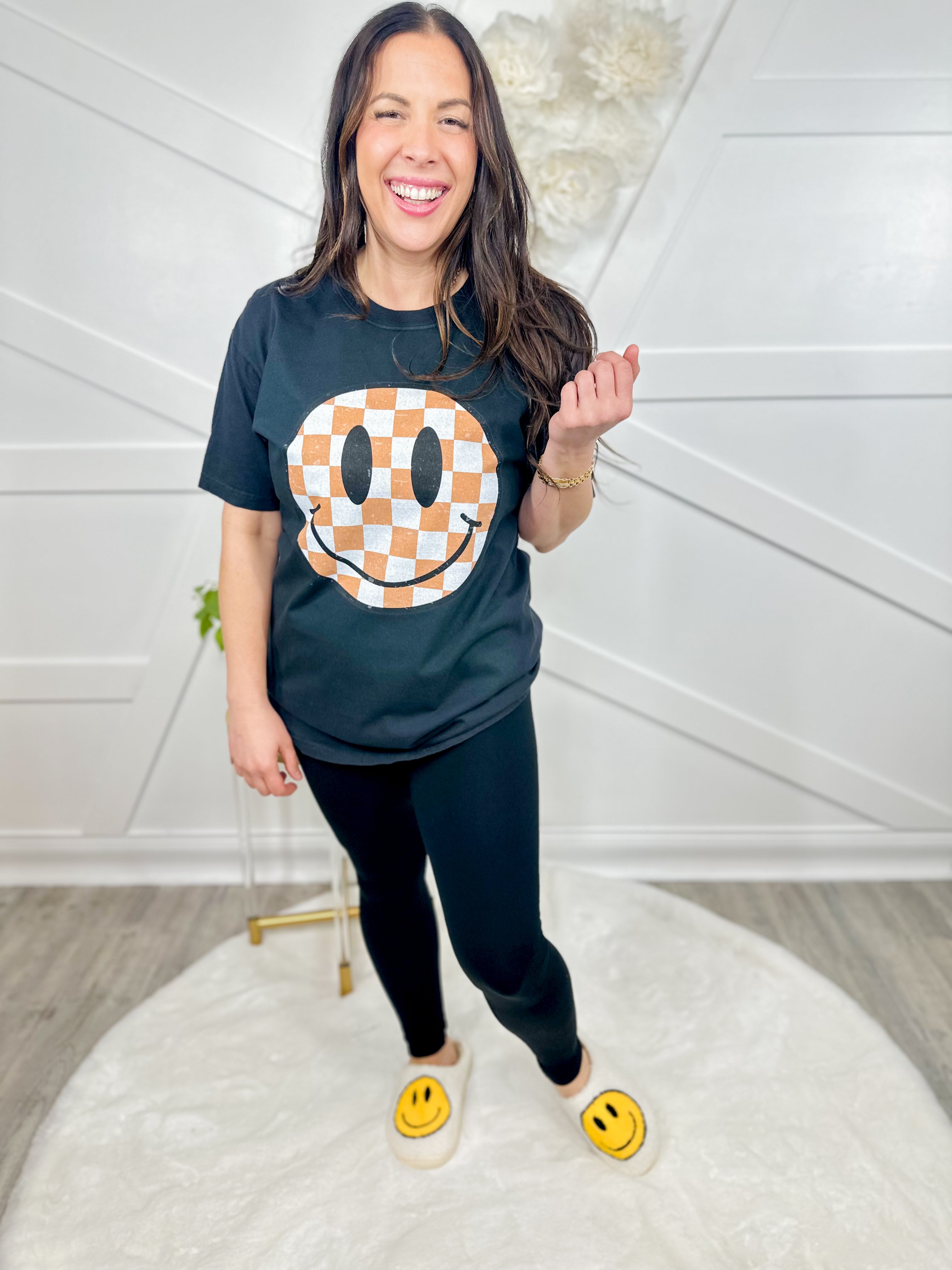 Off the Shoulder Tan Checkered Smiley Face Graphic Tee-130 Graphic Tees-Heathered Boho-Heathered Boho Boutique, Women's Fashion and Accessories in Palmetto, FL