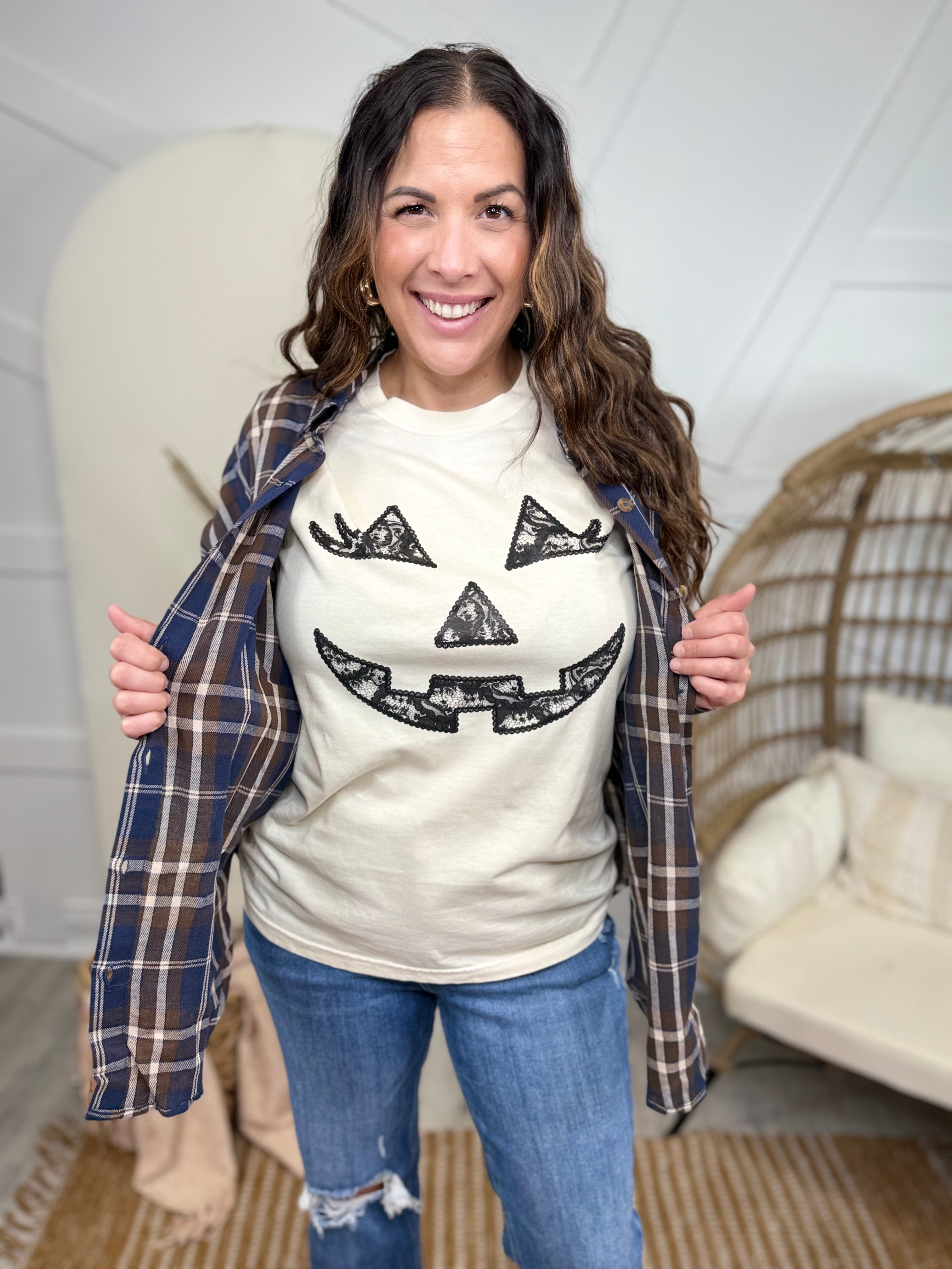 Lace Pumpkin Face Graphic Tee - Ivory-130 Graphic Tees-Heathered Boho-Heathered Boho Boutique, Women's Fashion and Accessories in Palmetto, FL