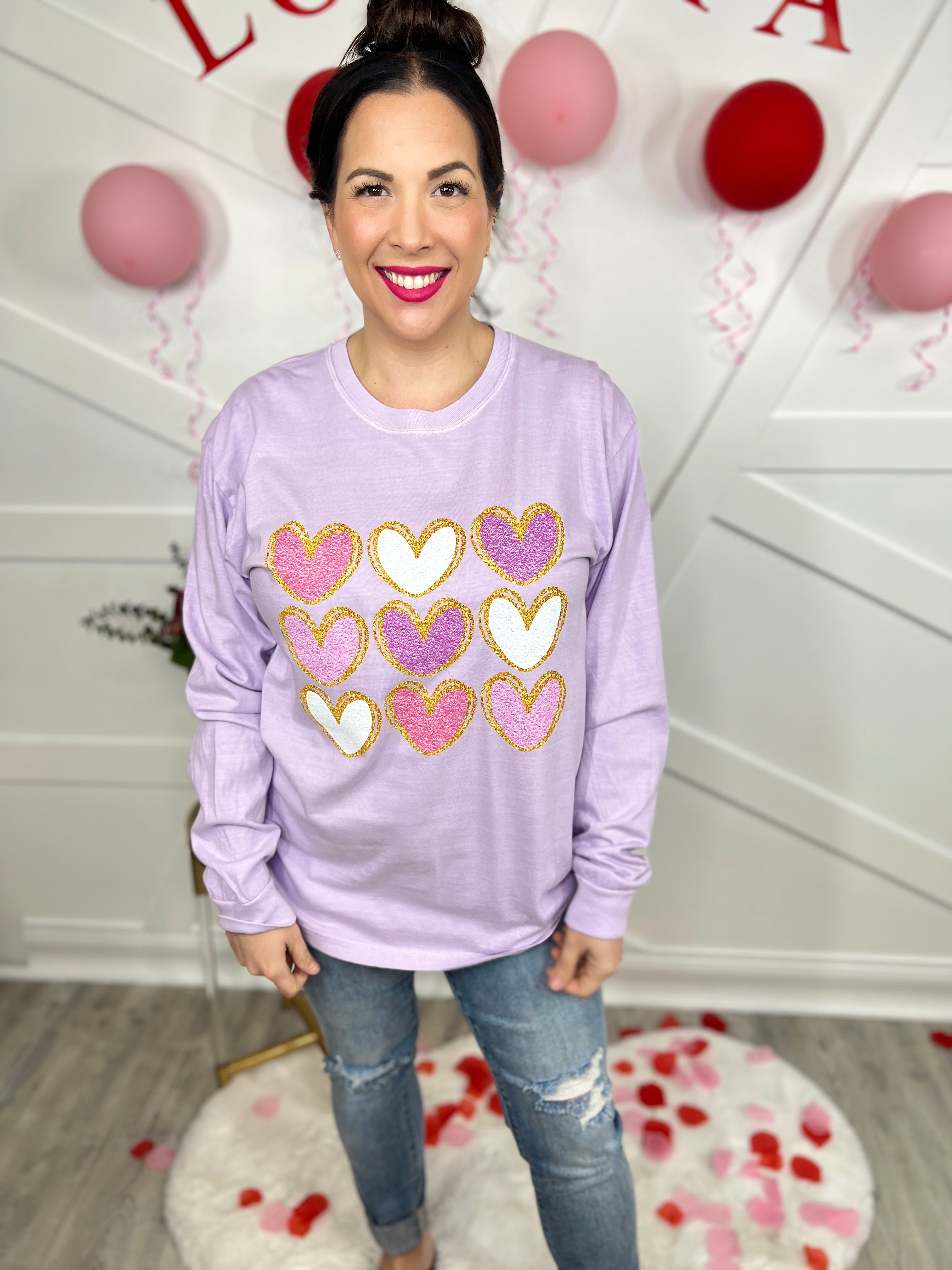 Glitter Hearts Graphic Long Sleeve-130 Graphic Tees-Heathered Boho-Heathered Boho Boutique, Women's Fashion and Accessories in Palmetto, FL