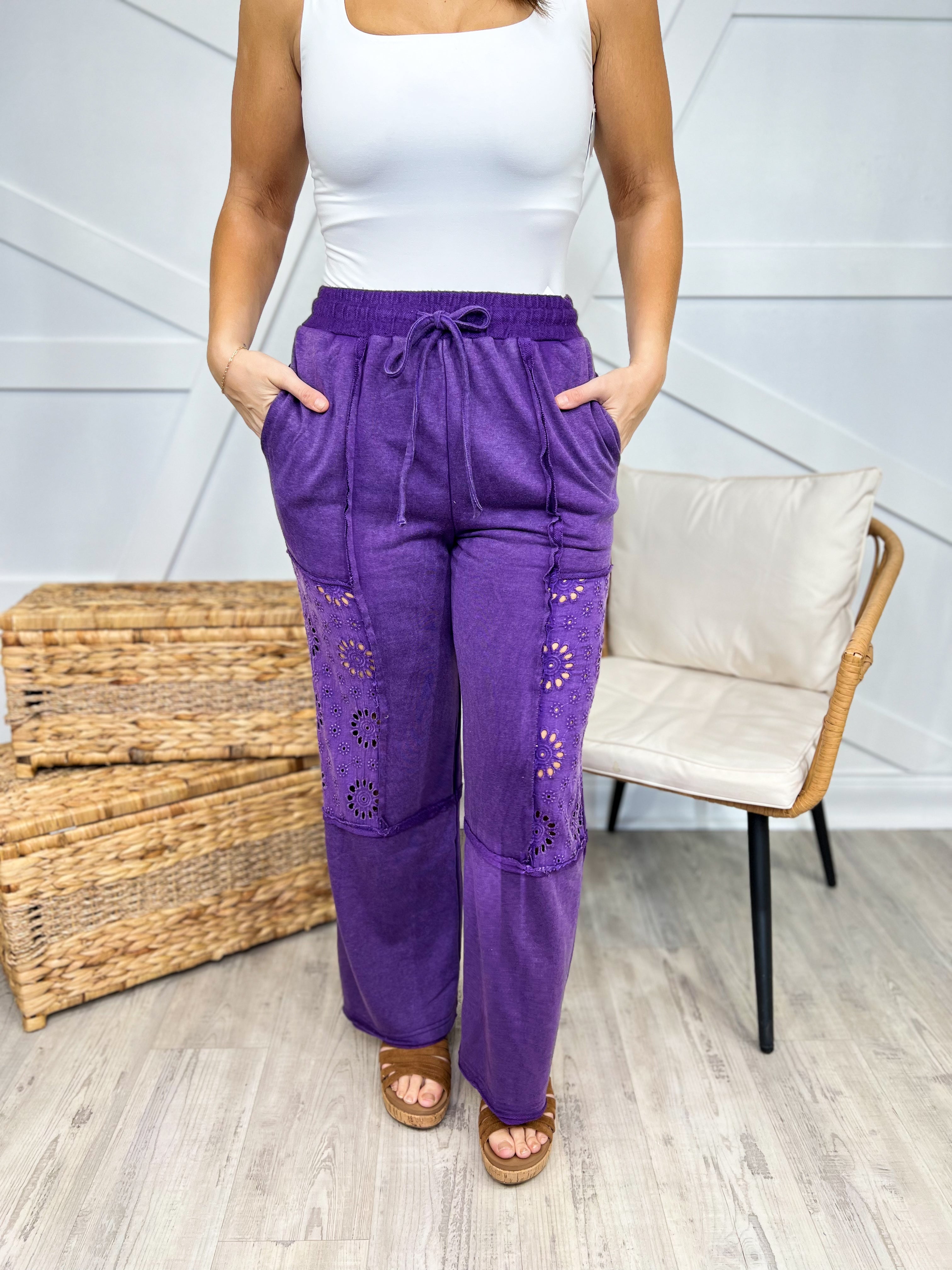 RESTOCK: Eyelet Pants-150 PANTS-Oddi-Heathered Boho Boutique, Women's Fashion and Accessories in Palmetto, FL