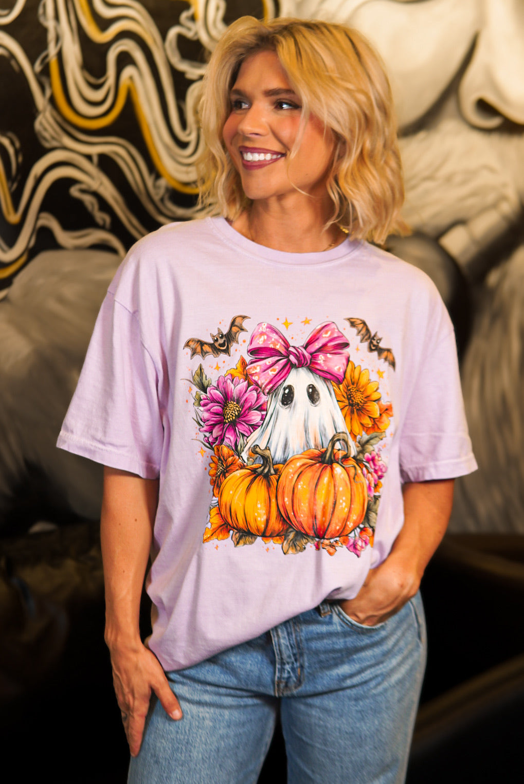 Girly Ghost With Bats Graphic Tee-130 Graphic Tees-Heathered Boho-Heathered Boho Boutique, Women's Fashion and Accessories in Palmetto, FL
