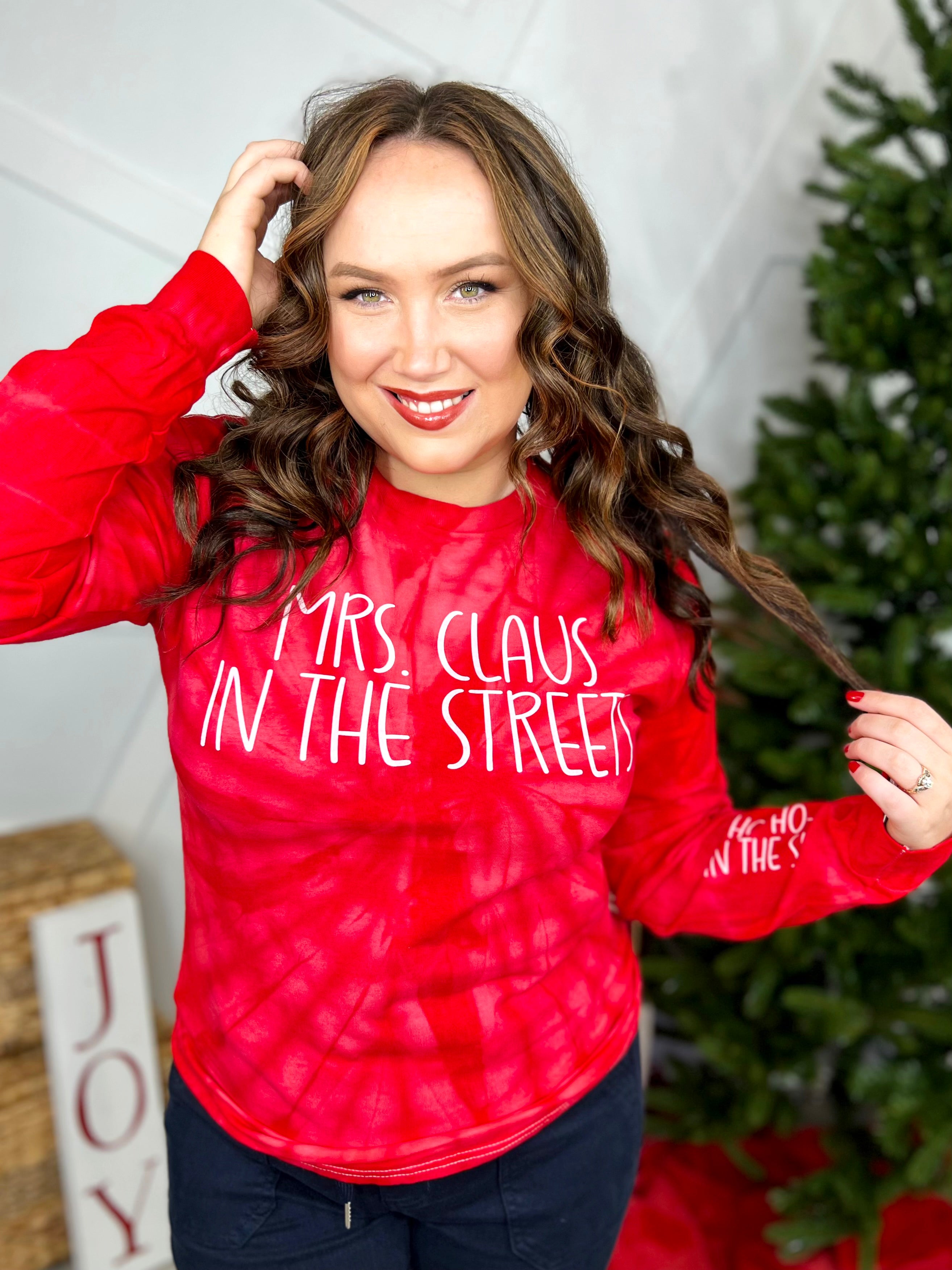 Mrs. Claus in the Streets Graphic Long Sleeve-120 Long Sleeve Tops-Heathered Boho-Heathered Boho Boutique, Women's Fashion and Accessories in Palmetto, FL