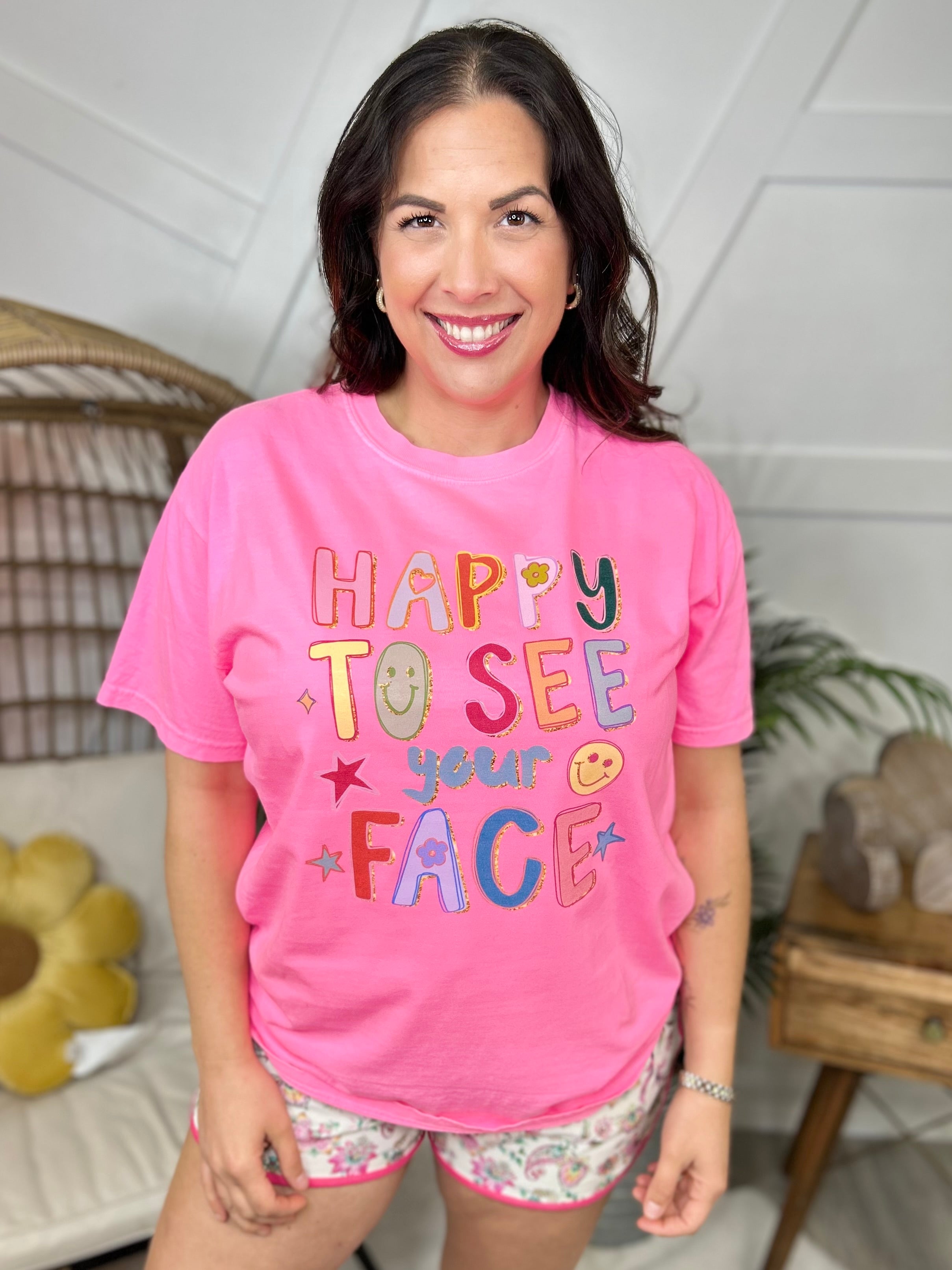 Happy To See Your Face Graphic Tee-Neon Pink-130 Graphic Tees-Heathered Boho-Heathered Boho Boutique, Women's Fashion and Accessories in Palmetto, FL