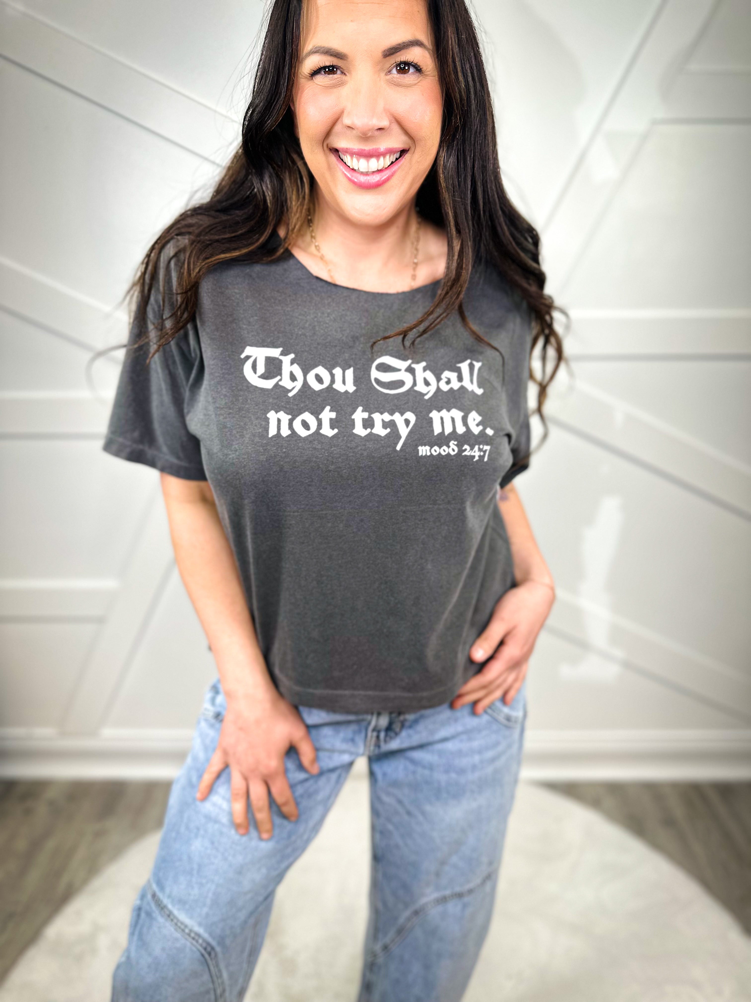 Thou Shall Not Try Me Custom Off the Shoulder Boxy Graphic Tee-130 Graphic Tees-Heathered Boho-Heathered Boho Boutique, Women's Fashion and Accessories in Palmetto, FL