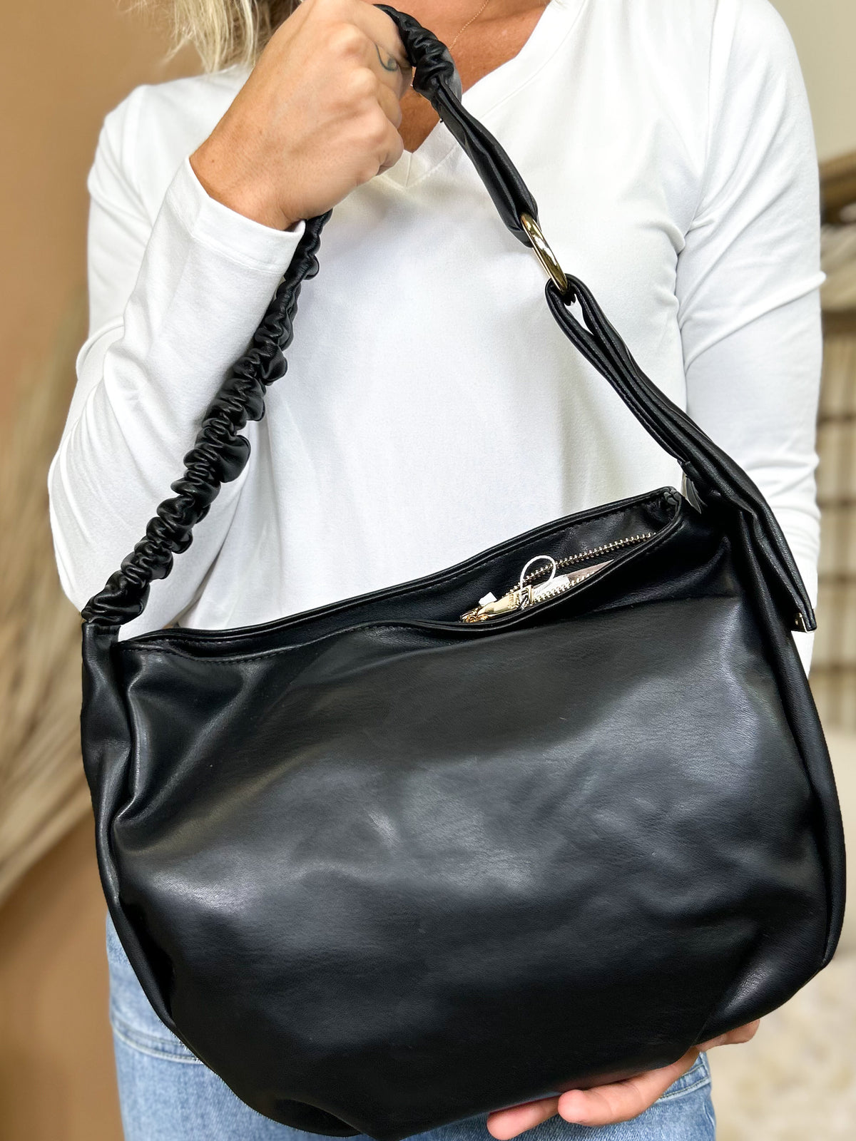 Jakarta Slouchy Shoulder Bag – Ruched Handle-320 Bags-Jen & Co.-Heathered Boho Boutique, Women's Fashion and Accessories in Palmetto, FL