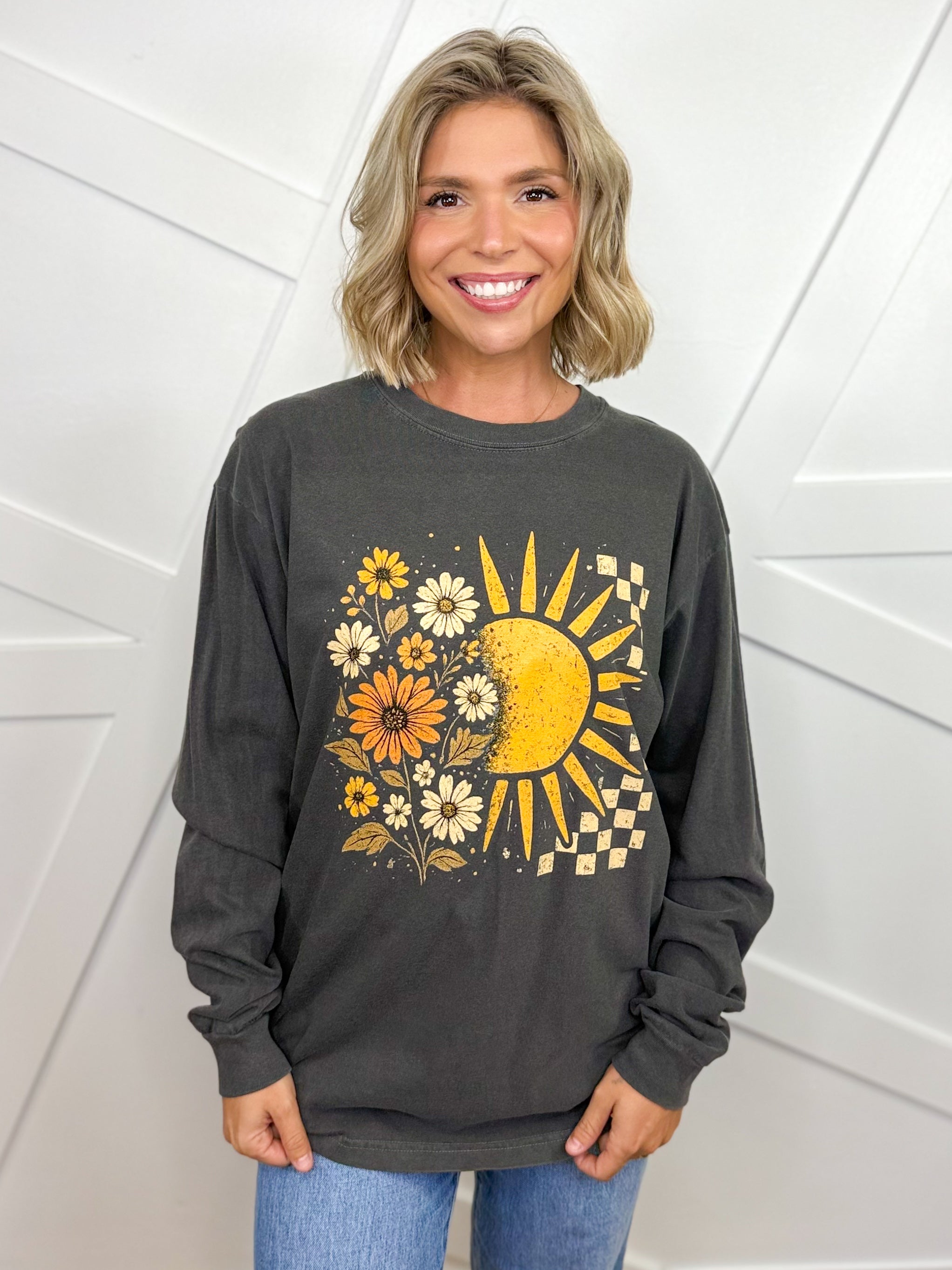 Boho Floral Sun Graphic Long Sleeve-130 Graphic Tees-Heathered Boho-Heathered Boho Boutique, Women's Fashion and Accessories in Palmetto, FL