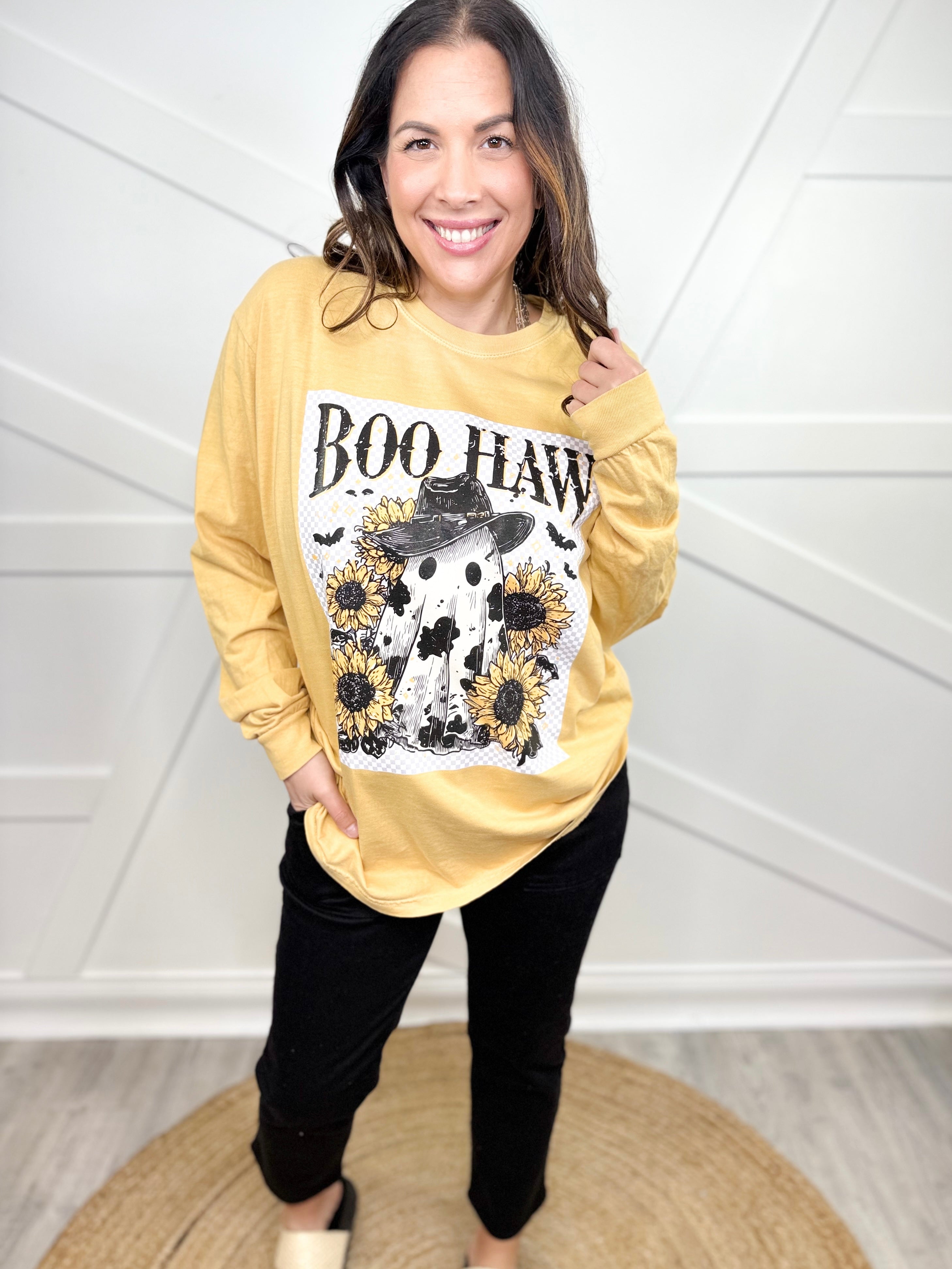 Boo Haw Graphic Long Sleeve-130 Graphic Tees-Heathered Boho-Heathered Boho Boutique, Women's Fashion and Accessories in Palmetto, FL