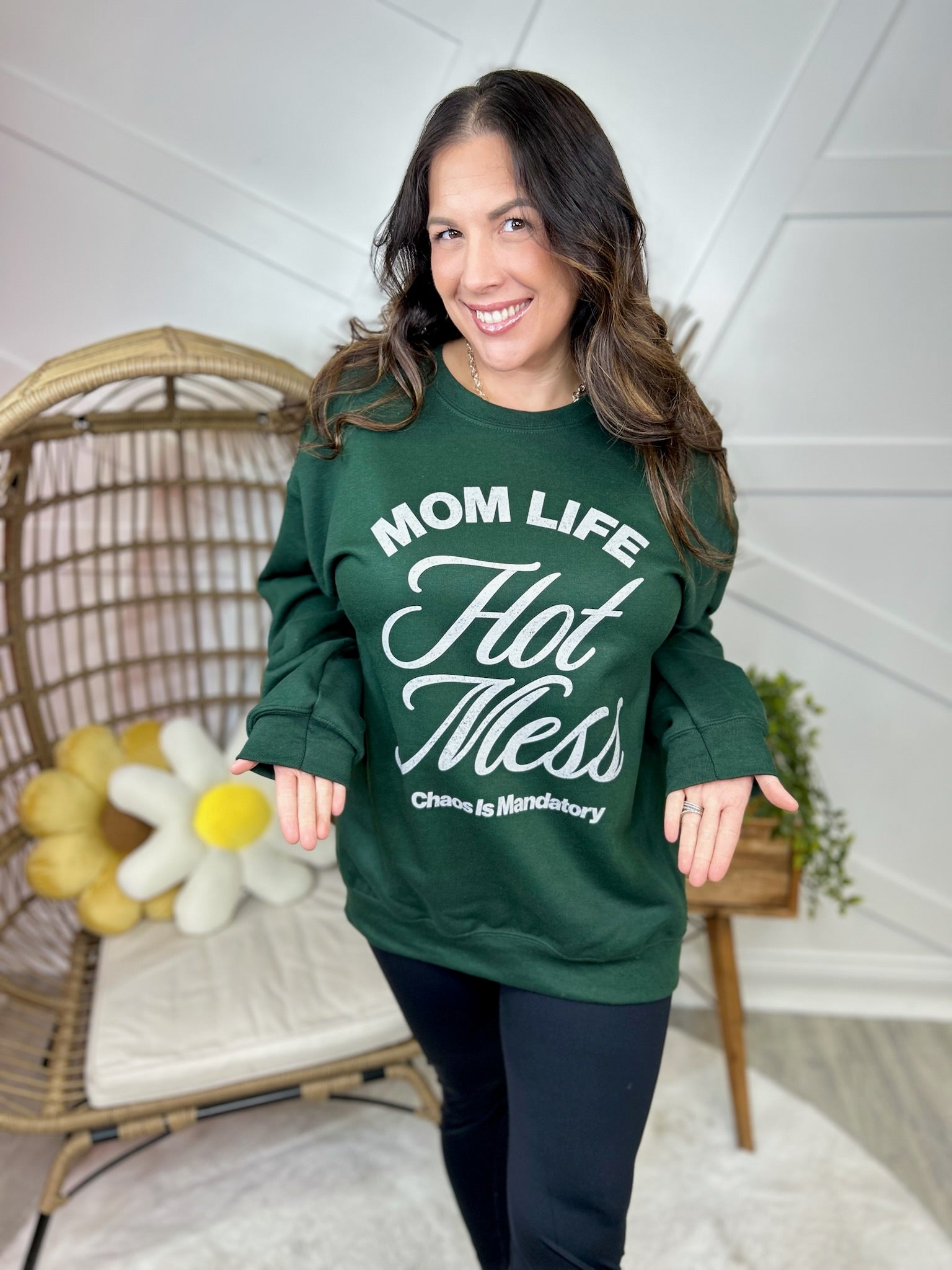 Mom Life Hot Mess Graphic Sweatshirt-130 Graphic Tees-Heathered Boho-Heathered Boho Boutique, Women's Fashion and Accessories in Palmetto, FL