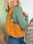 Metallic Studded Faux Suede Hand Bag-320 Bags-Fame Accessories-Heathered Boho Boutique, Women's Fashion and Accessories in Palmetto, FL