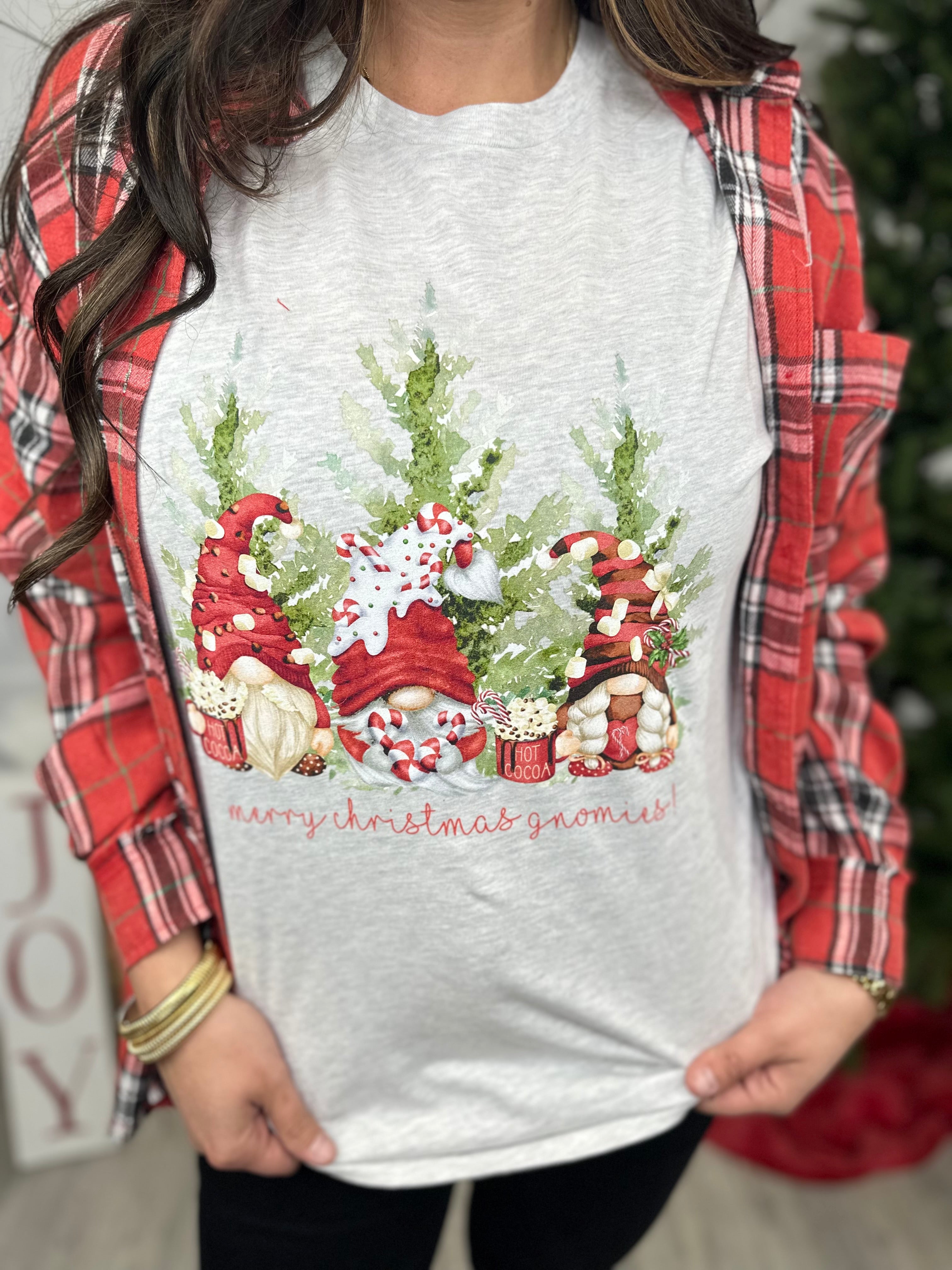 Christmas Gnomes Graphic Tee-130 Graphic Tees-Heathered Boho-Heathered Boho Boutique, Women's Fashion and Accessories in Palmetto, FL