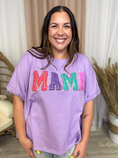 Mama Rhinestone Top-110 Short Sleeve Top-Peach Love-Heathered Boho Boutique, Women's Fashion and Accessories in Palmetto, FL