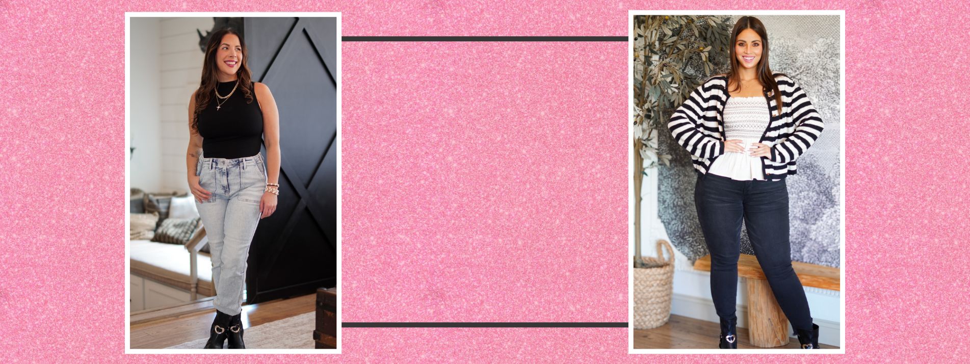 Images of two women wearing Judy Blue Denim on a pink glitter background.