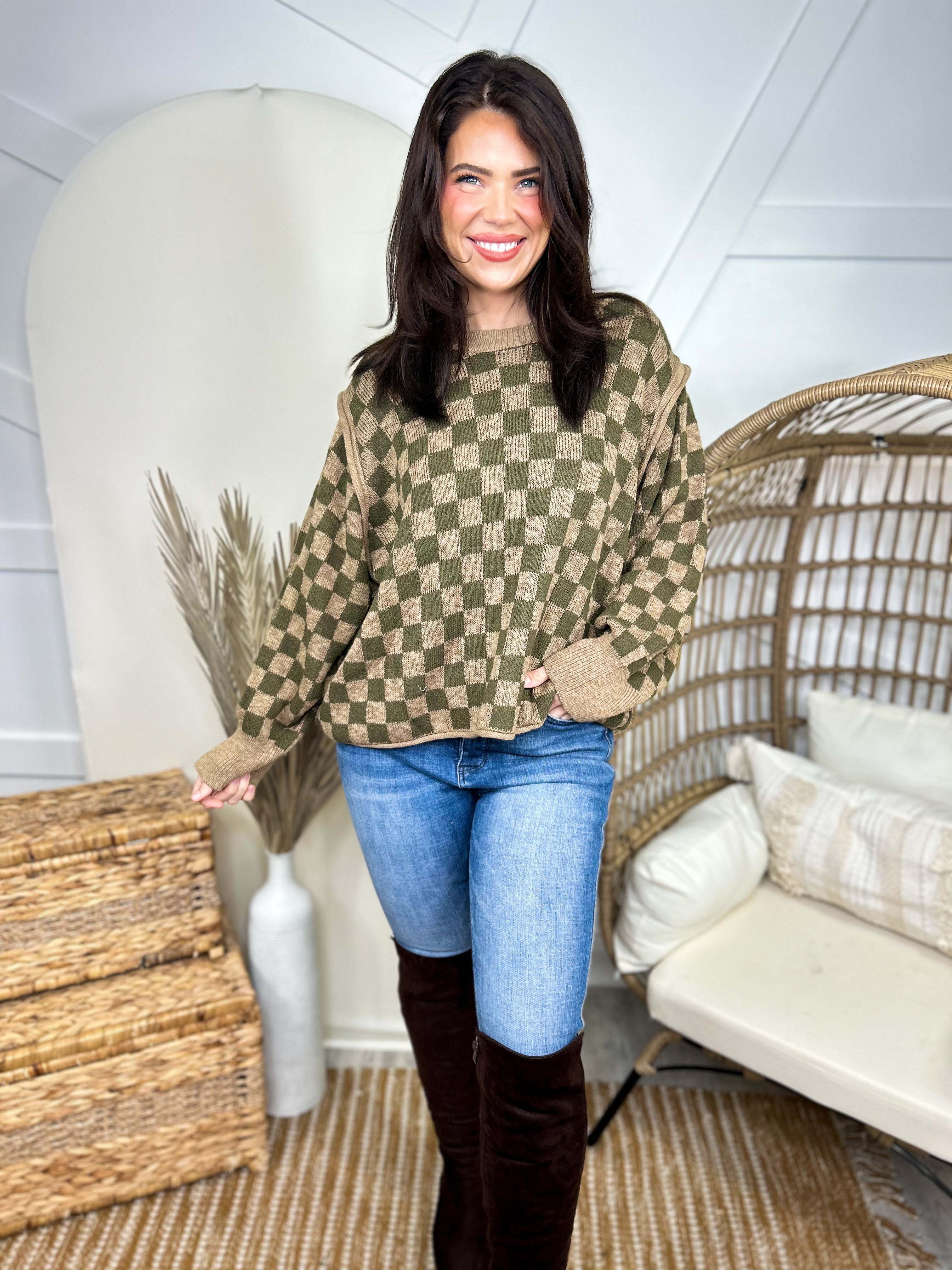 Checker Knit Sweater-125 Sweater-MELLOW-Heathered Boho Boutique, Women's Fashion and Accessories in Palmetto, FL