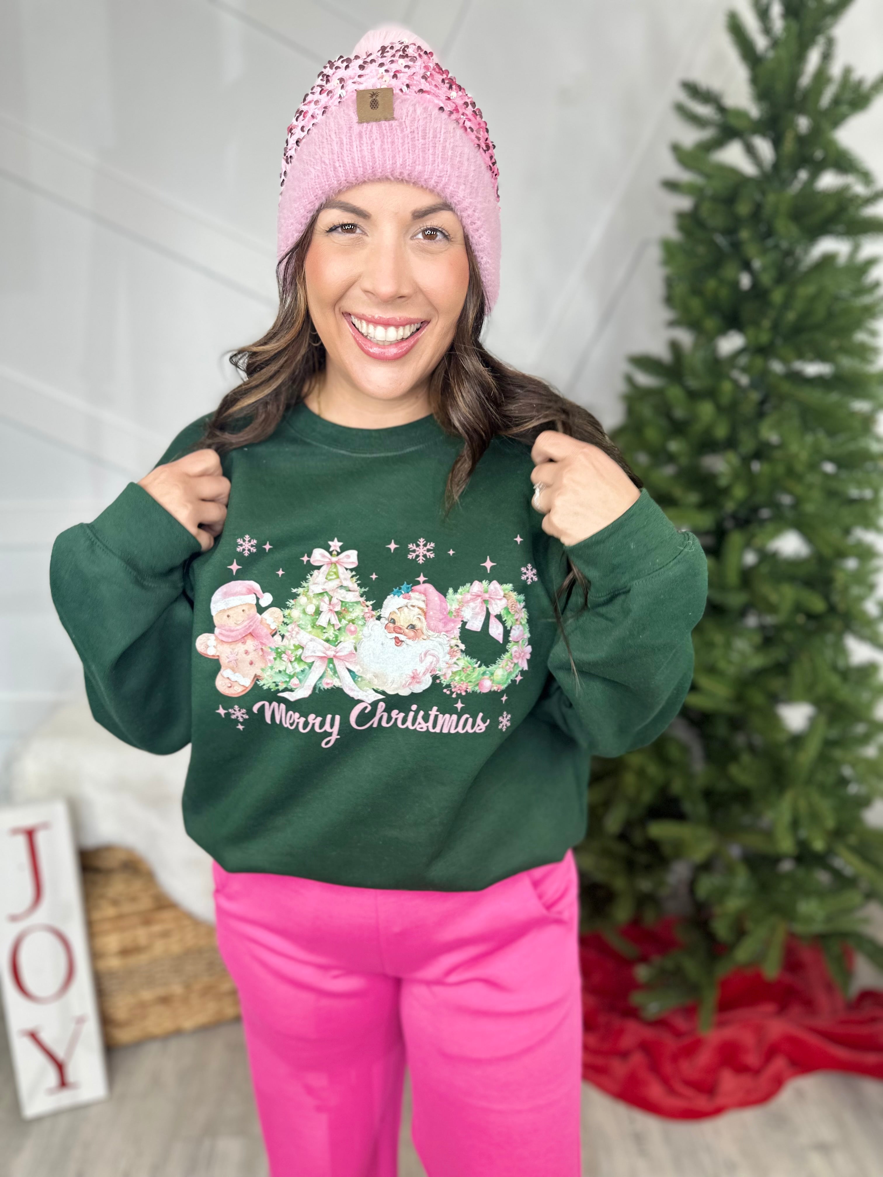 Pink Merry Christmas Graphic Sweatshirt-125 Sweater-Heathered Boho-Heathered Boho Boutique, Women's Fashion and Accessories in Palmetto, FL