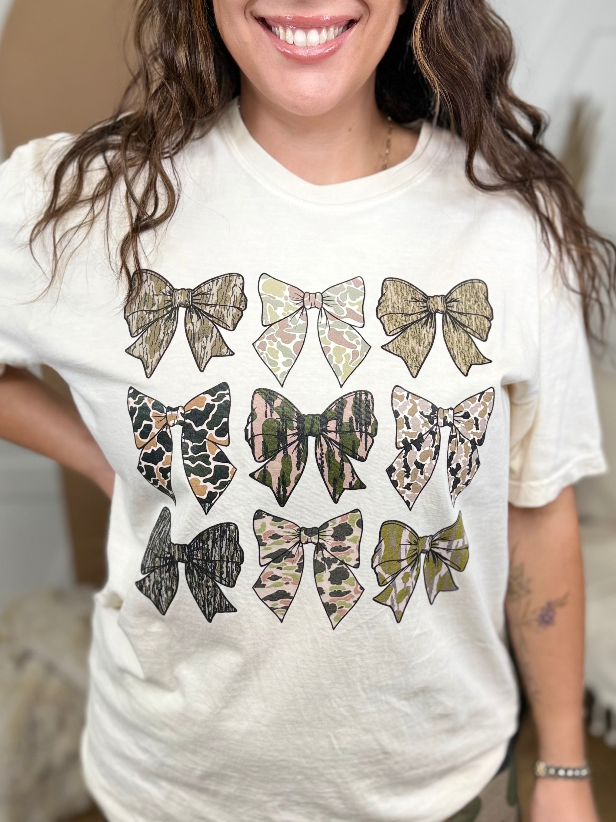 Camo Bows Graphic Tee-130 Graphic Tees-Heathered Boho-Heathered Boho Boutique, Women's Fashion and Accessories in Palmetto, FL