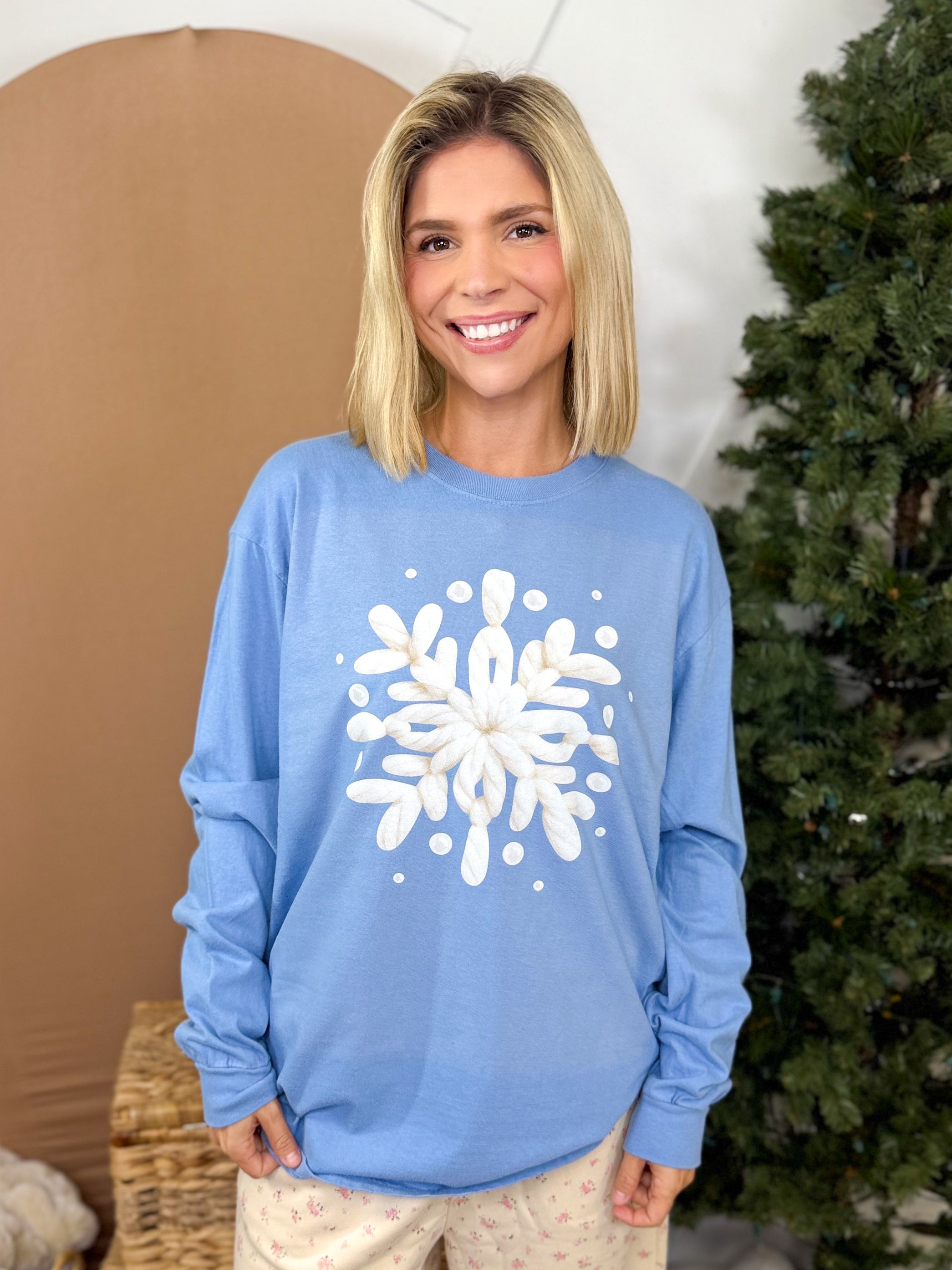 Yarned Snowflake Graphic Long Sleeve-Blue Jean-125 Sweater-Heathered Boho-Heathered Boho Boutique, Women's Fashion and Accessories in Palmetto, FL