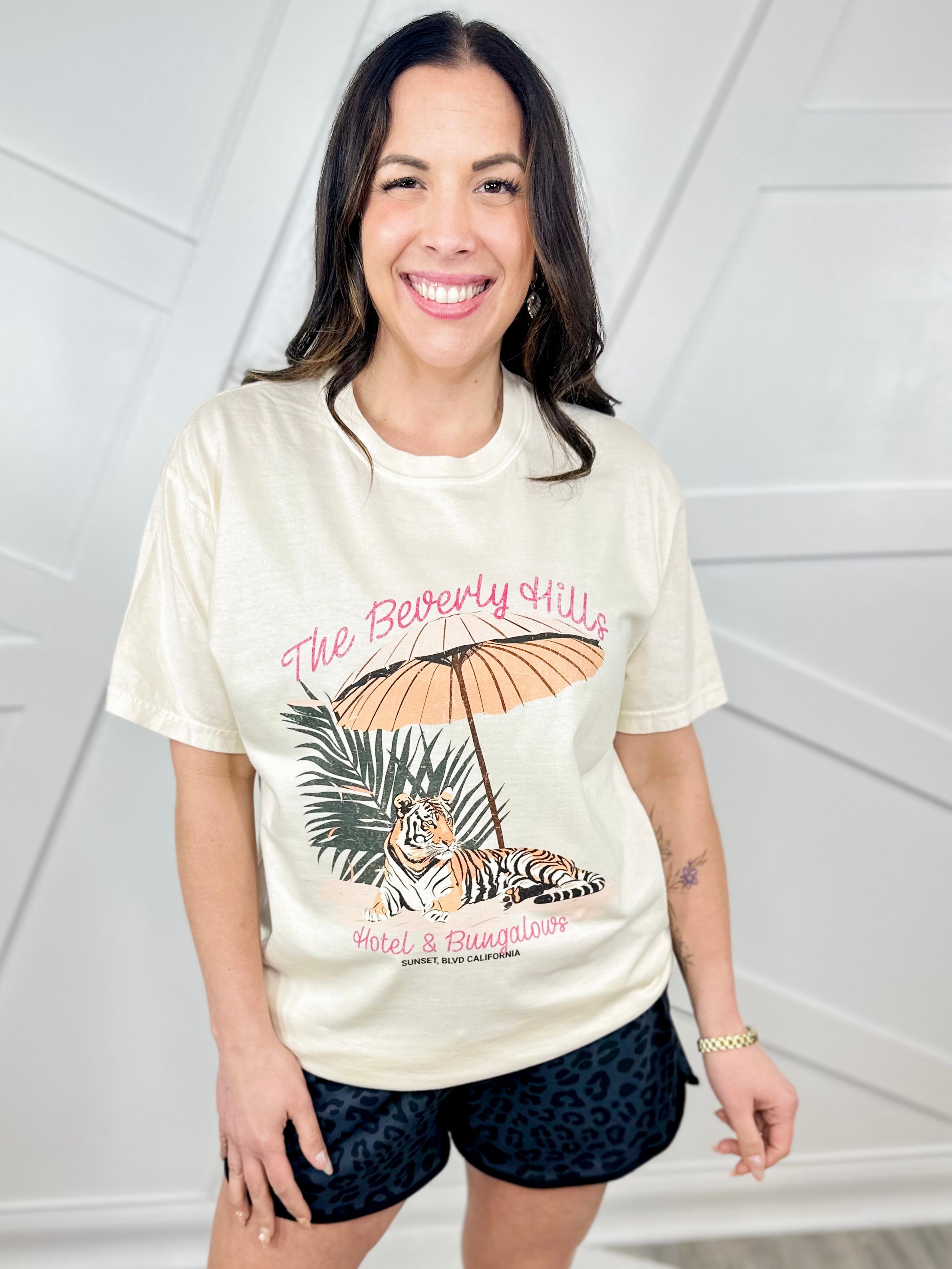 Beverly Hills Hotel Graphic Tee-130 Graphic Tees-Heathered Boho-Heathered Boho Boutique, Women's Fashion and Accessories in Palmetto, FL