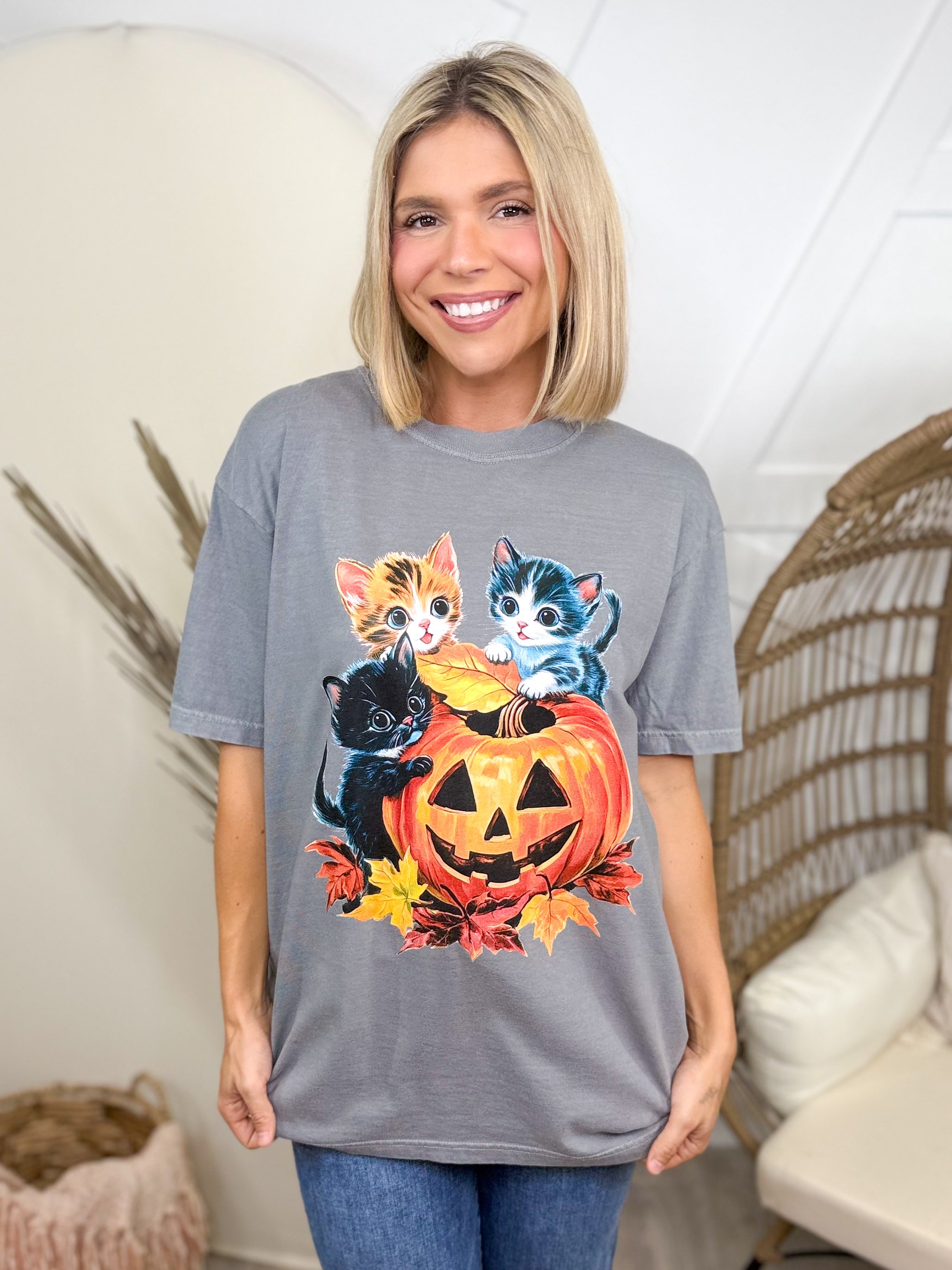 90 Vibes Cat Trio Graphic Tee-130 Graphic Tees-Heathered Boho-Heathered Boho Boutique, Women's Fashion and Accessories in Palmetto, FL