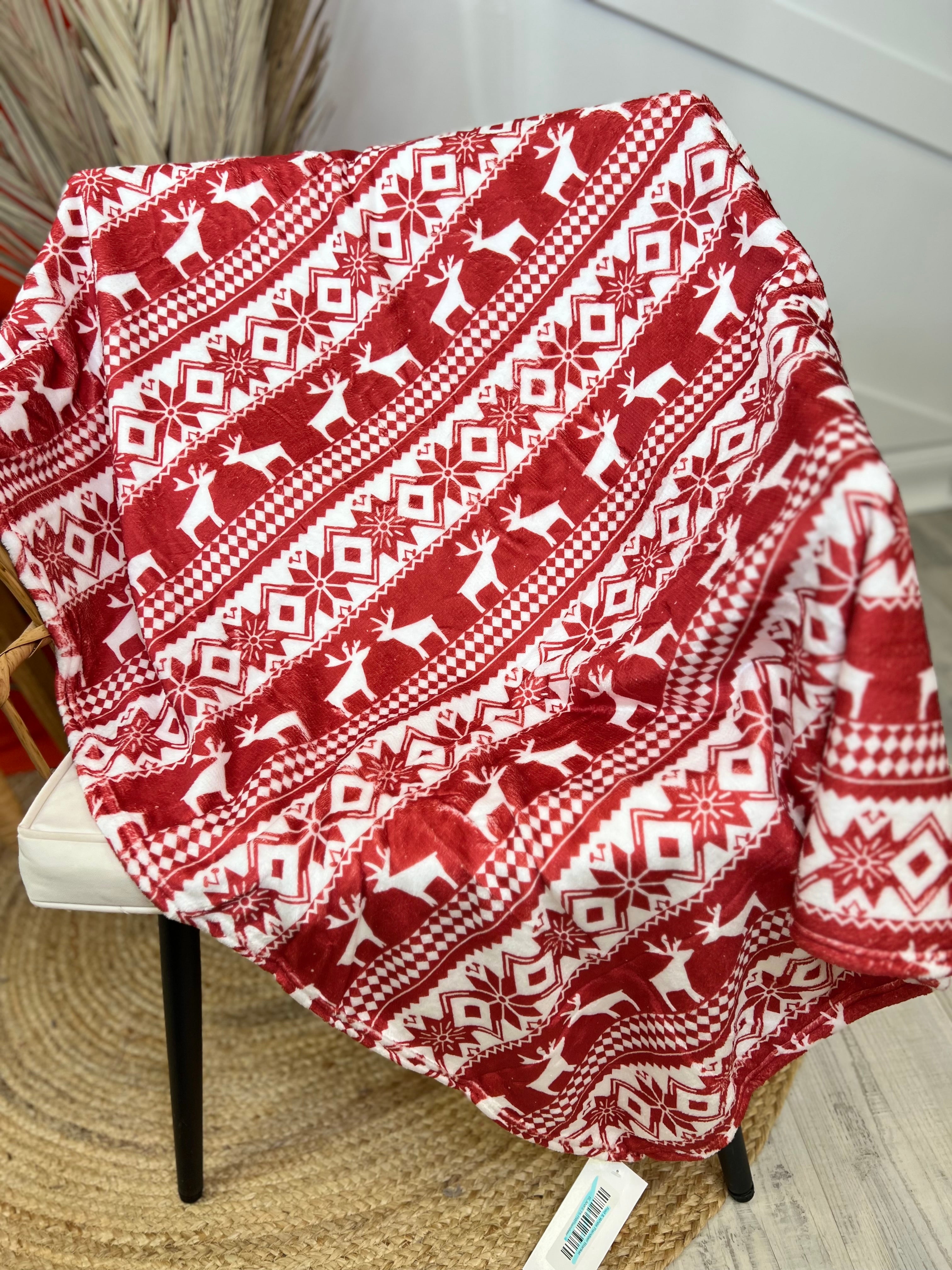 Red & White Reindeer Blanket-340 Other Accessories-Alibaba-Heathered Boho Boutique, Women's Fashion and Accessories in Palmetto, FL