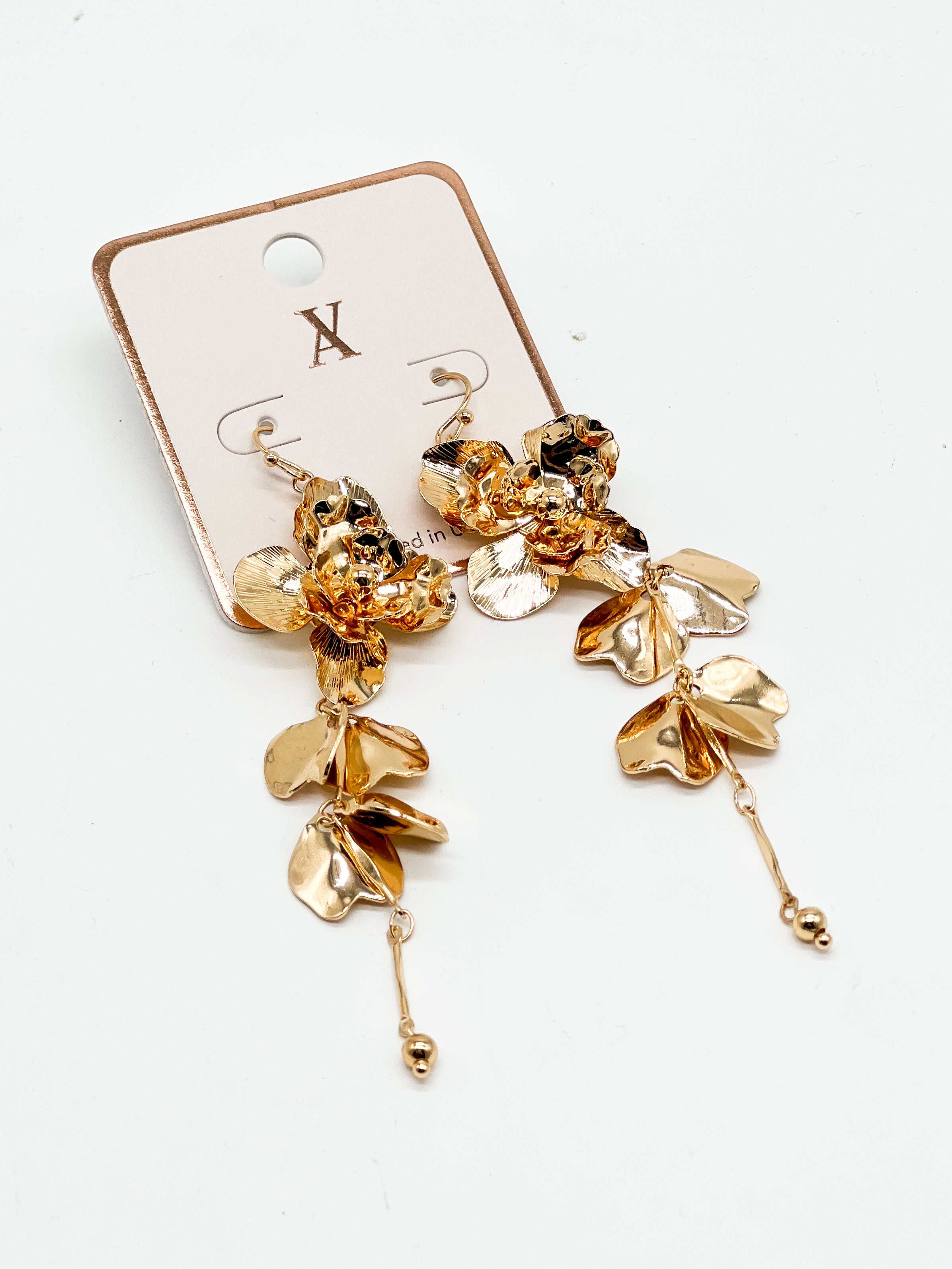 Metallic Flowers And Petals Chain Dangle Earrings-310 Jewelry-Fame Accessories-Heathered Boho Boutique, Women's Fashion and Accessories in Palmetto, FL
