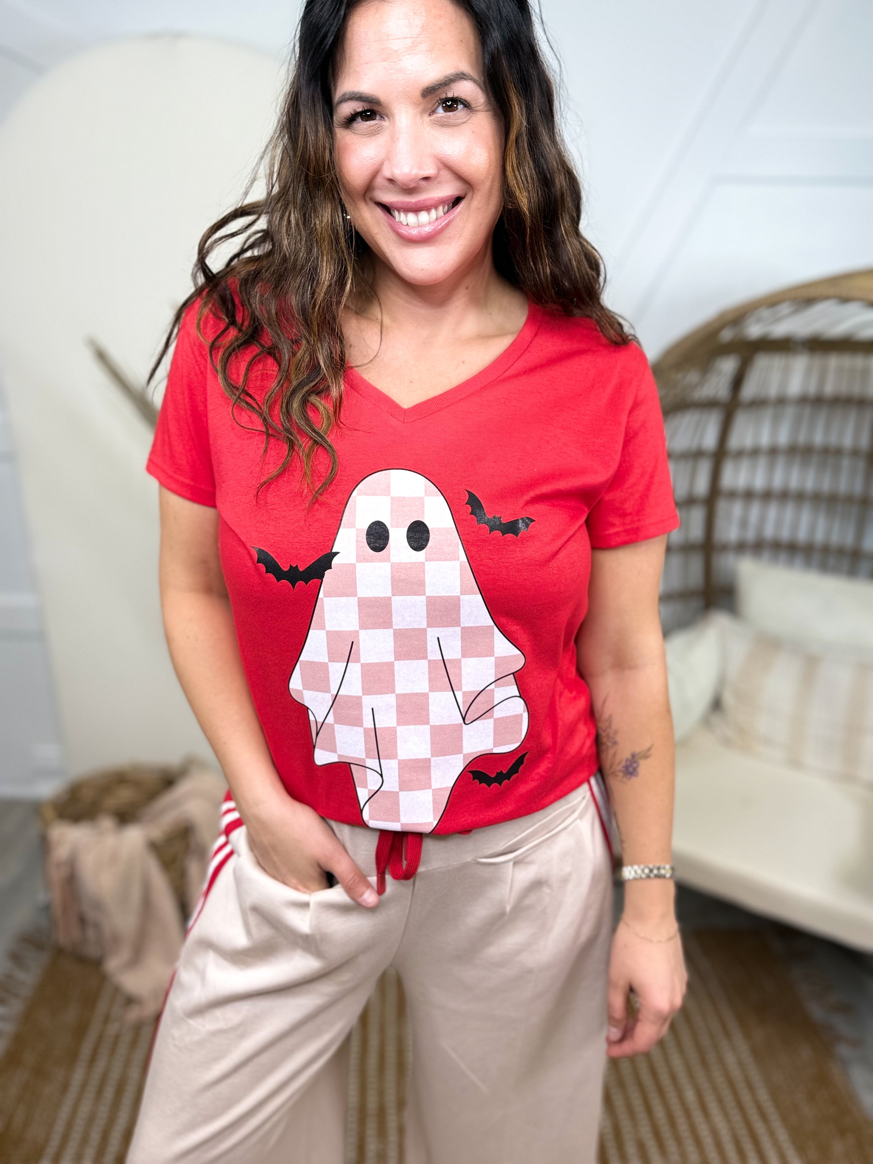 Bats and Checkered Ghost Graphic V-Neck Tee-130 Graphic Tees-Heathered Boho-Heathered Boho Boutique, Women's Fashion and Accessories in Palmetto, FL