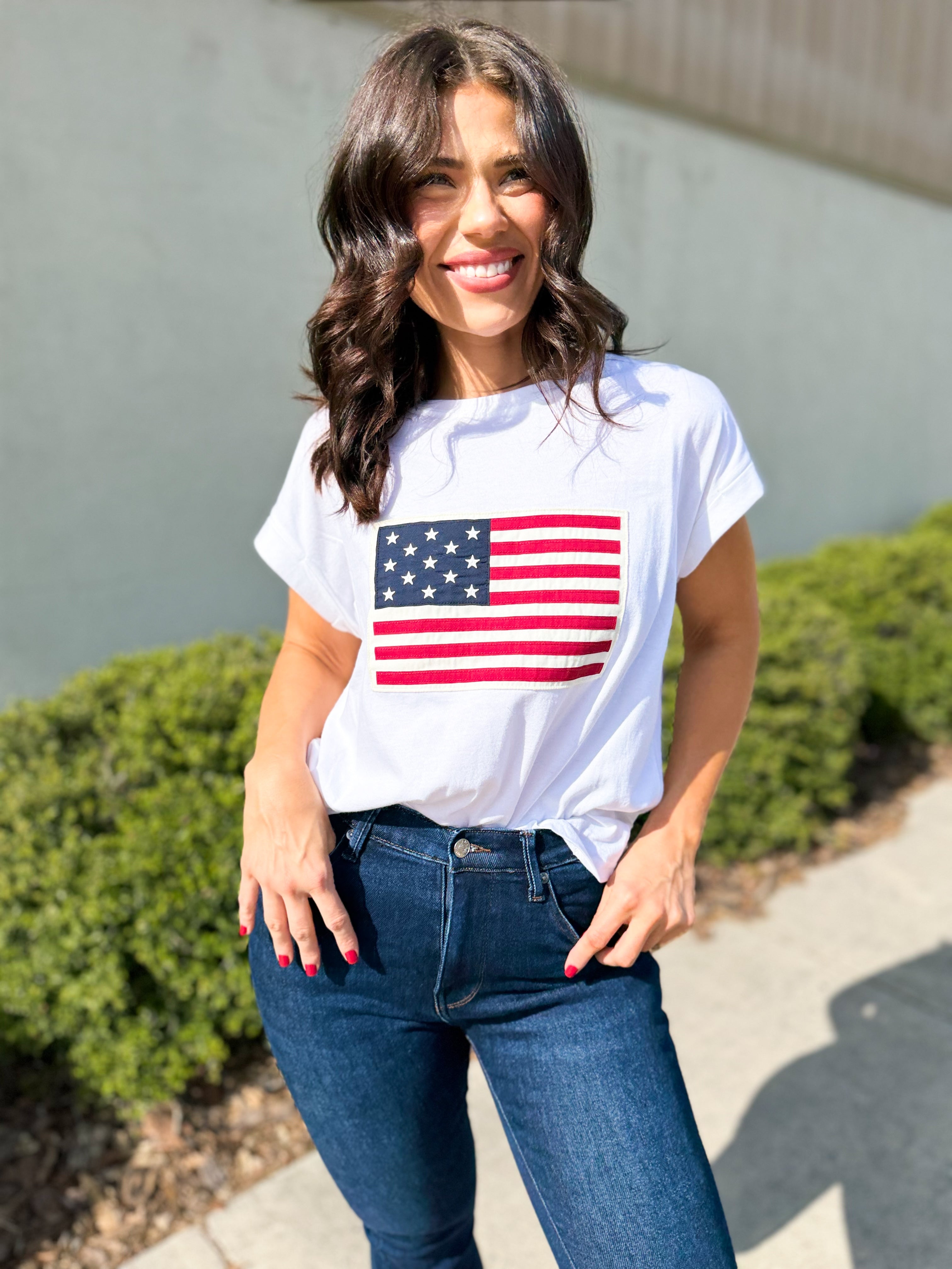 Old School Flag Top-110 SHORT SLEEVE TOP-ZENANA-Heathered Boho Boutique, Women's Fashion and Accessories in Palmetto, FL