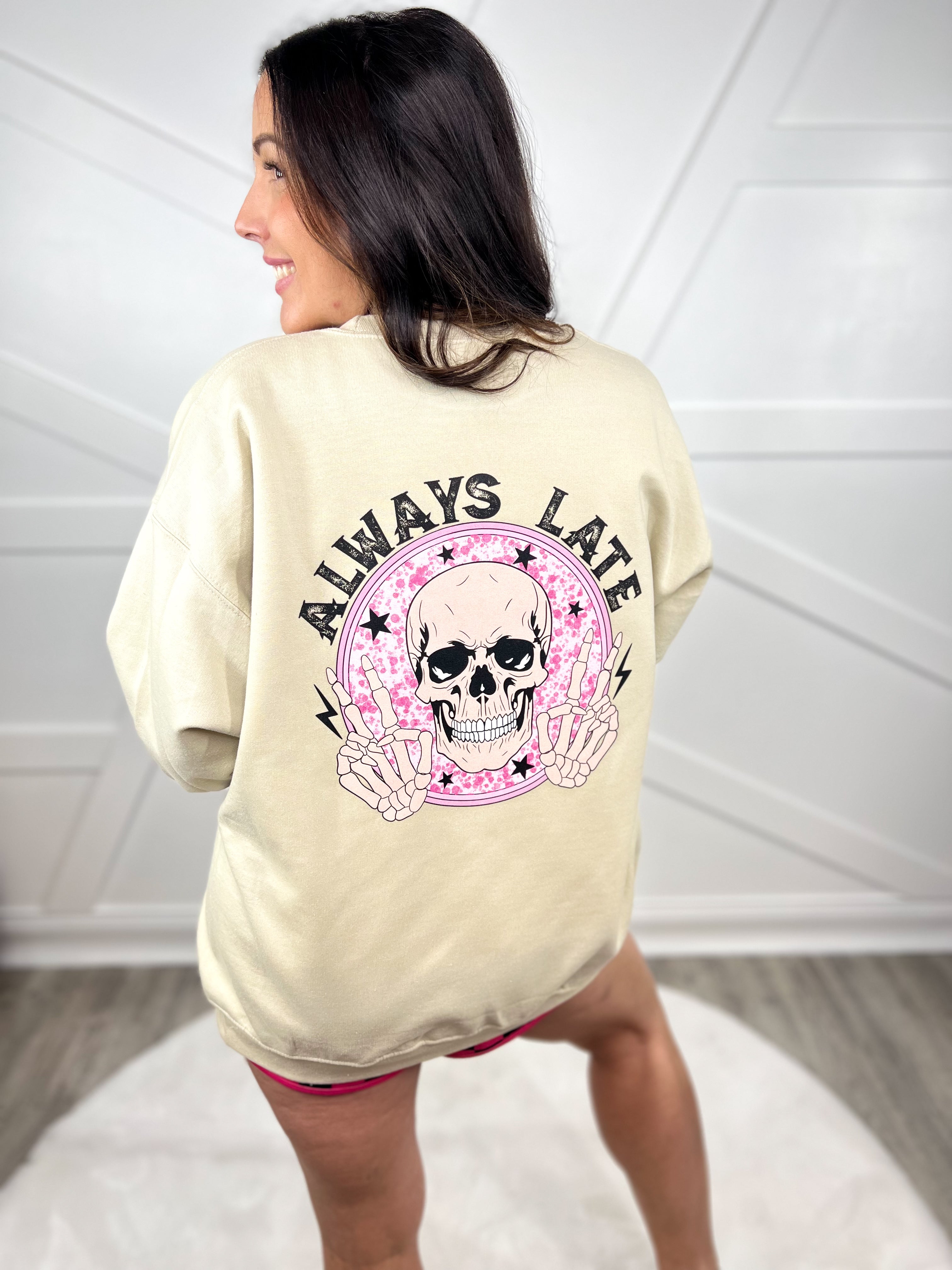 Always Late Graphic Crewneck Custom Cut Jacket-130 Graphic Tees-Heathered Boho-Heathered Boho Boutique, Women's Fashion and Accessories in Palmetto, FL