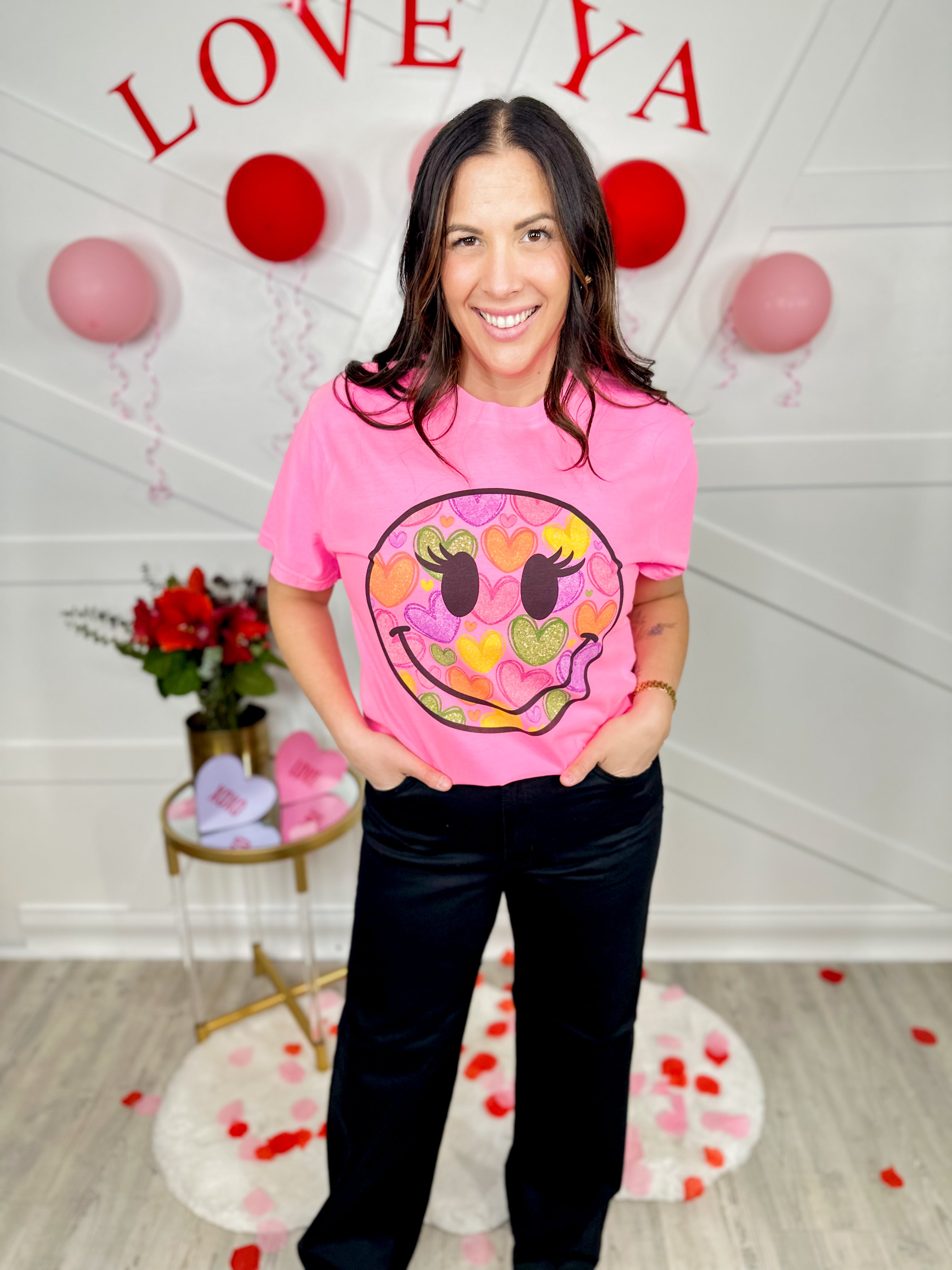 Smiley Heart Face Graphic Tee-130 Graphic Tees-Heathered Boho-Heathered Boho Boutique, Women's Fashion and Accessories in Palmetto, FL