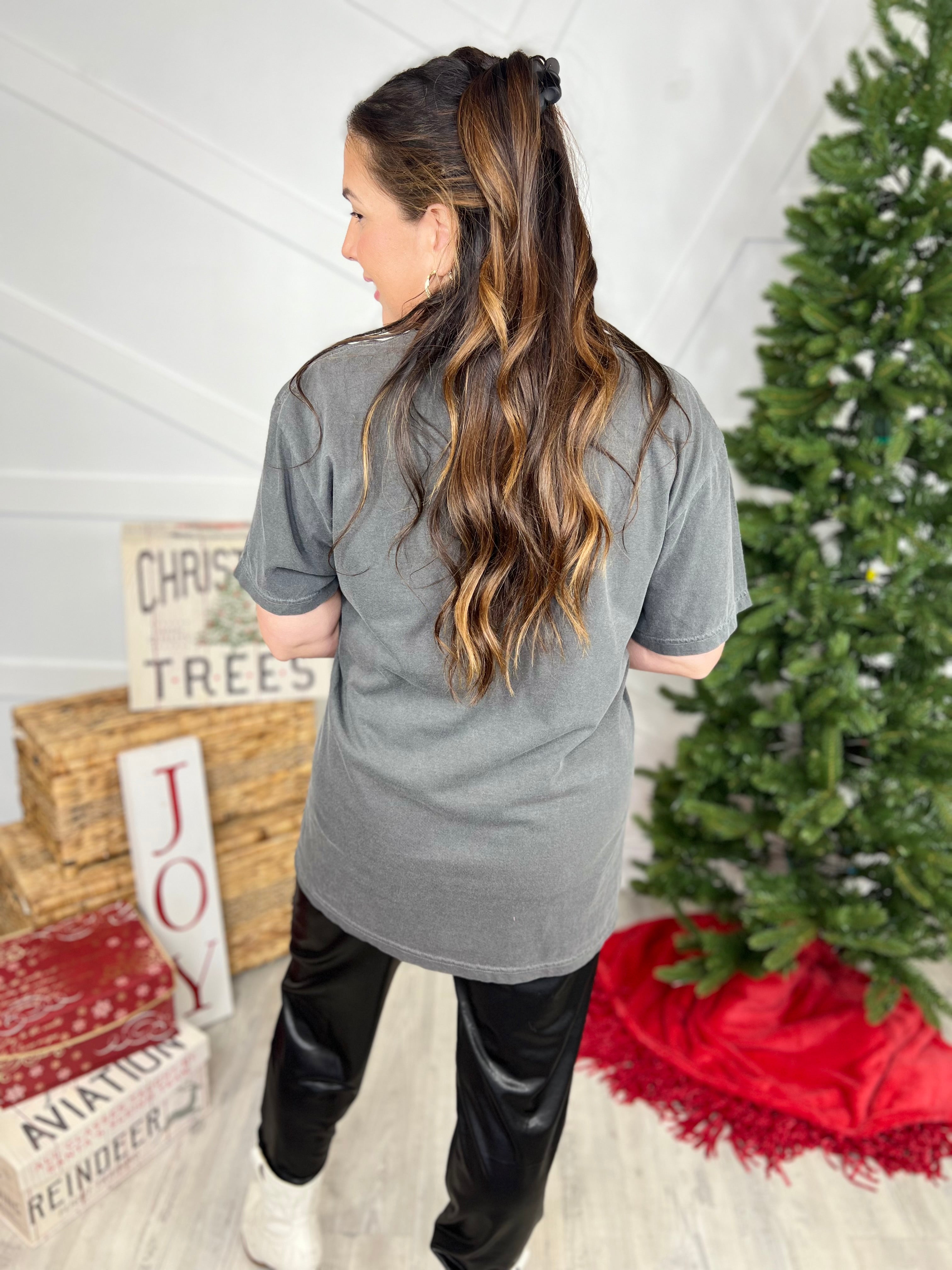 Christmas Smiley Face Graphic Tee-130 Graphic Tees-Heathered Boho-Heathered Boho Boutique, Women's Fashion and Accessories in Palmetto, FL