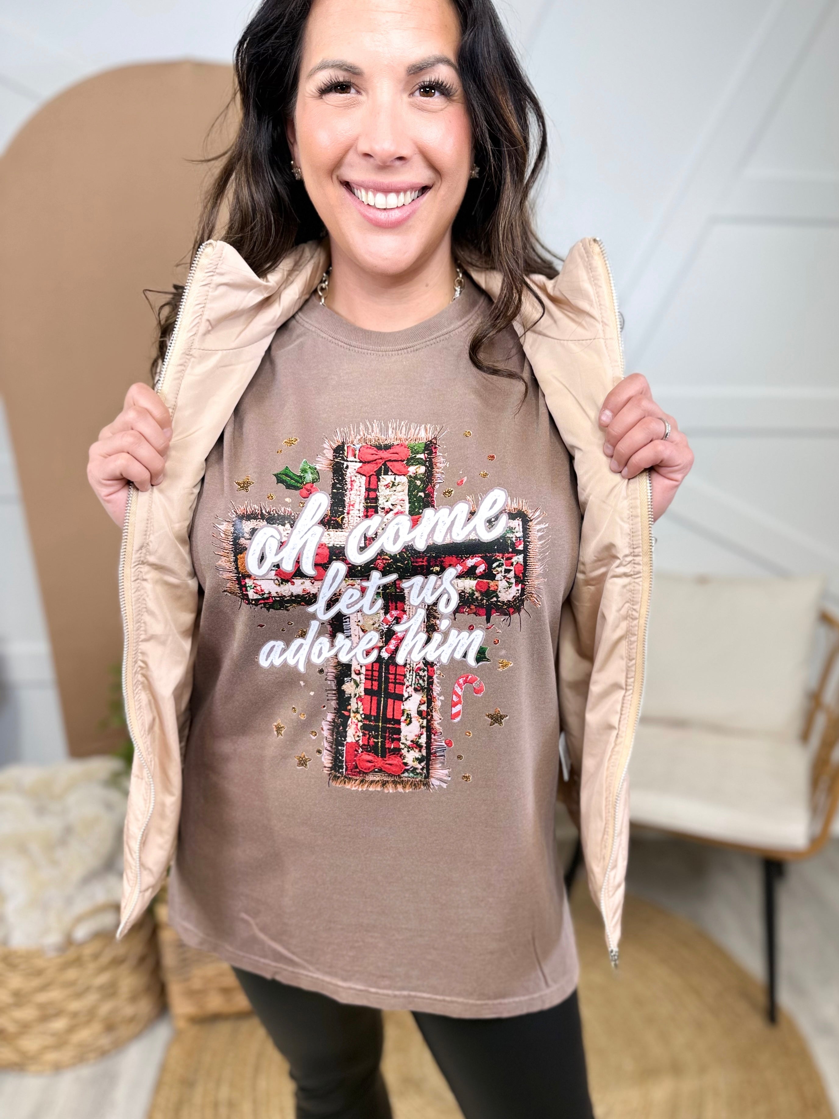 Oh Come Let Us Adore Him Graphic Long Sleeve-130 Graphic Tees-Heathered Boho-Heathered Boho Boutique, Women's Fashion and Accessories in Palmetto, FL