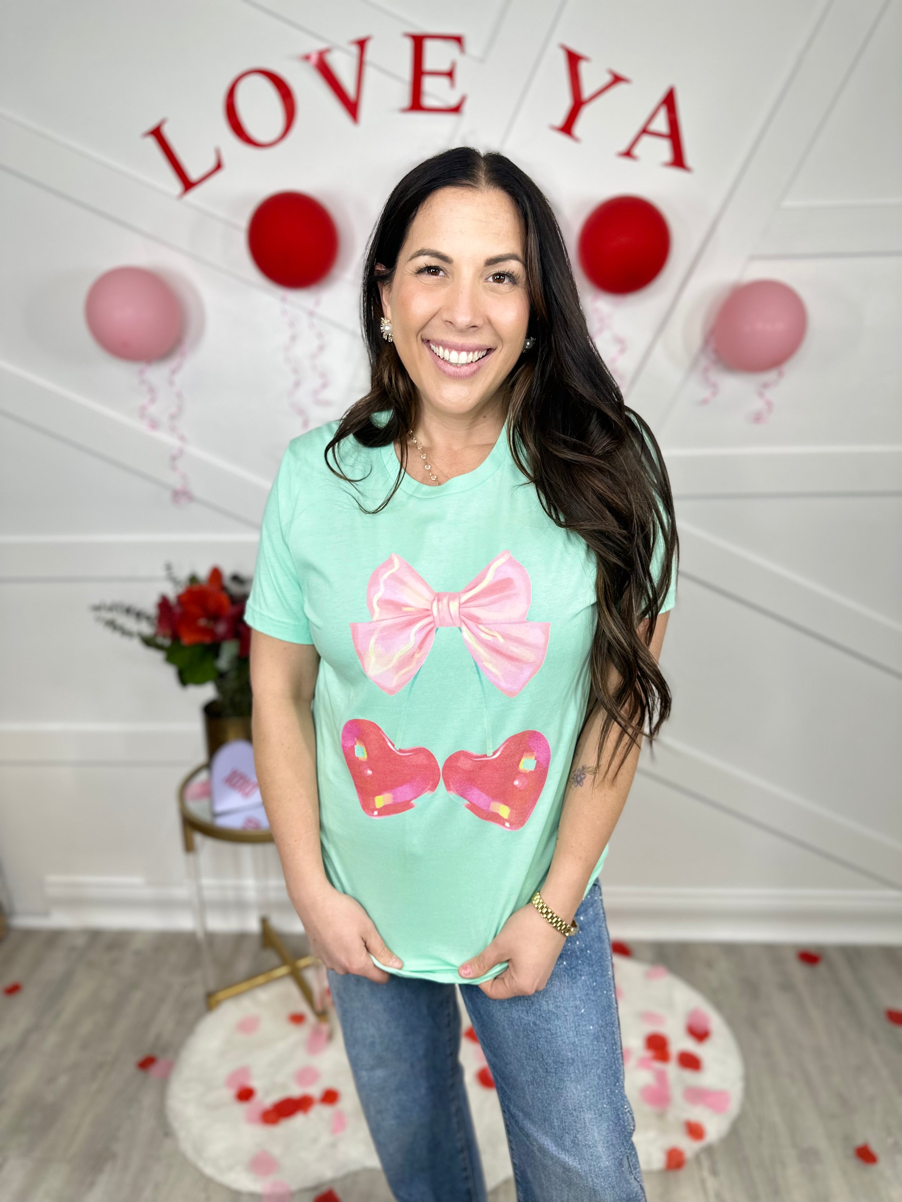 Cherry Hearts With Bow Graphic Tee-130 Graphic Tees-Heathered Boho-Heathered Boho Boutique, Women's Fashion and Accessories in Palmetto, FL