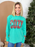 Cozy in Plaid Graphic Long Sleeve-Island Green-130 Graphic Tees-Heathered Boho-Heathered Boho Boutique, Women's Fashion and Accessories in Palmetto, FL