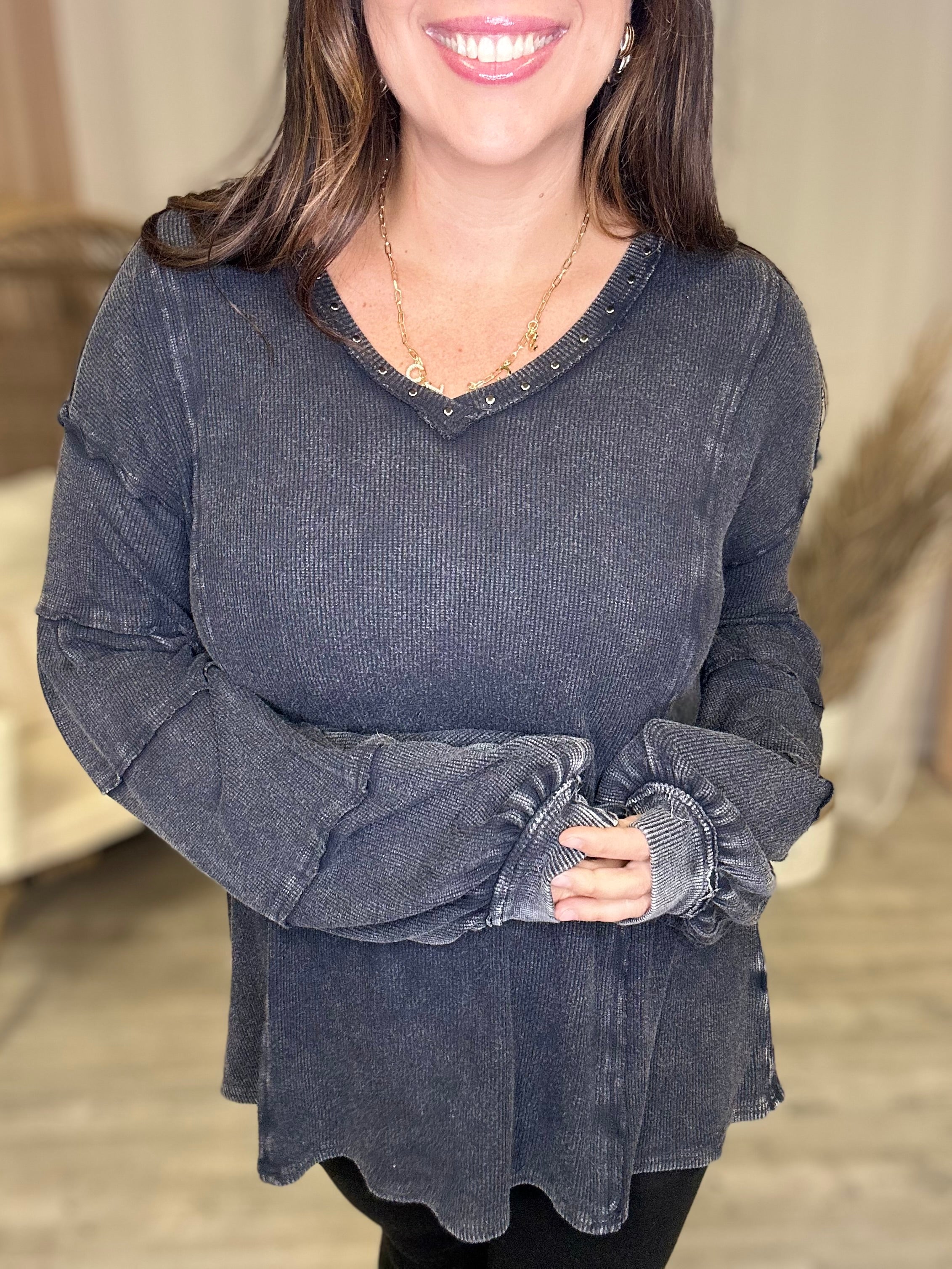 Heathered Boho By Easel Miles Away Tunic Top - Black-120 Long Sleeve Tops-Easel-Heathered Boho Boutique, Women's Fashion and Accessories in Palmetto, FL