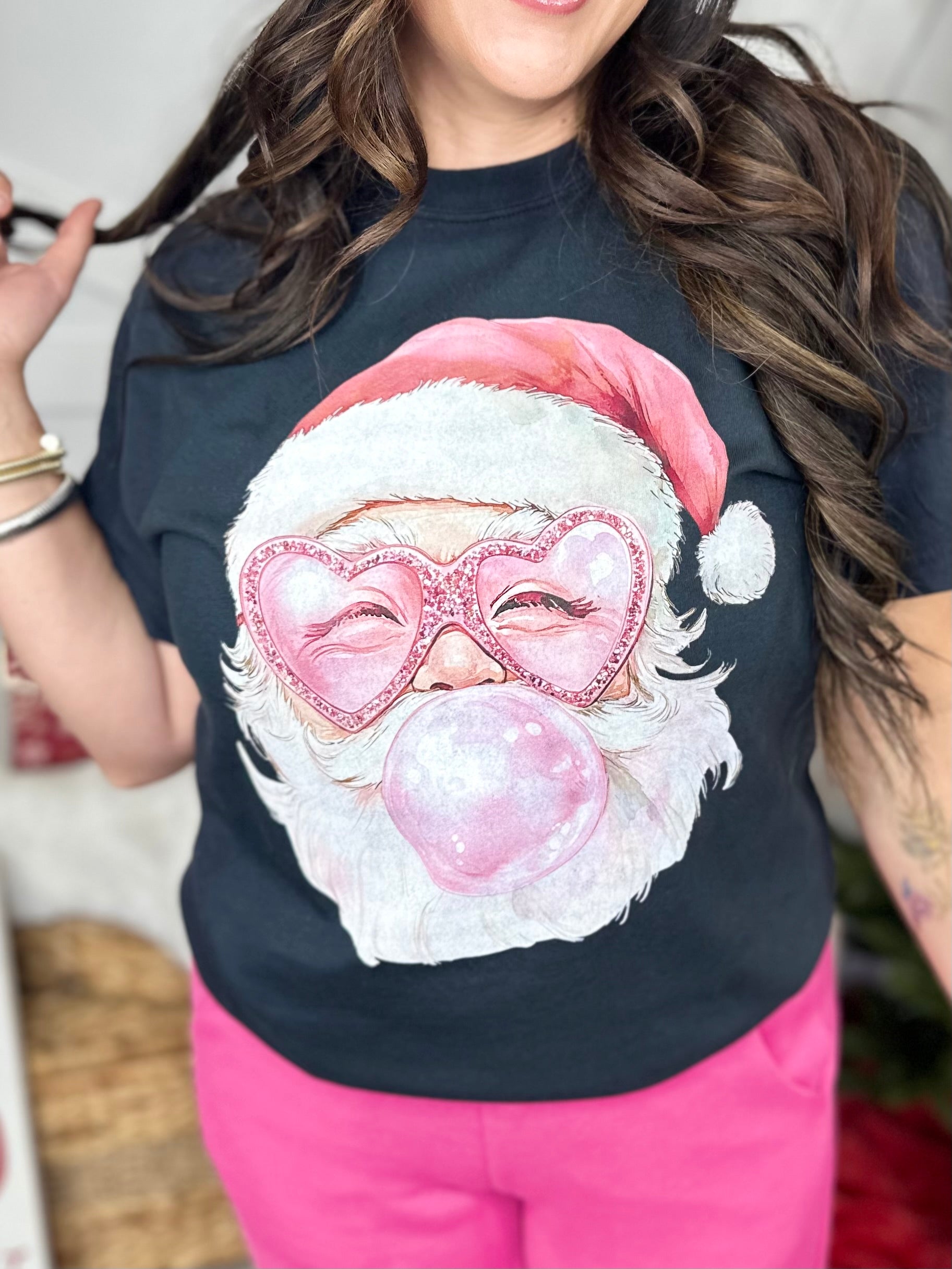 Bubble Gum Santa Graphic Tee-130 Graphic Tees-Heathered Boho-Heathered Boho Boutique, Women's Fashion and Accessories in Palmetto, FL