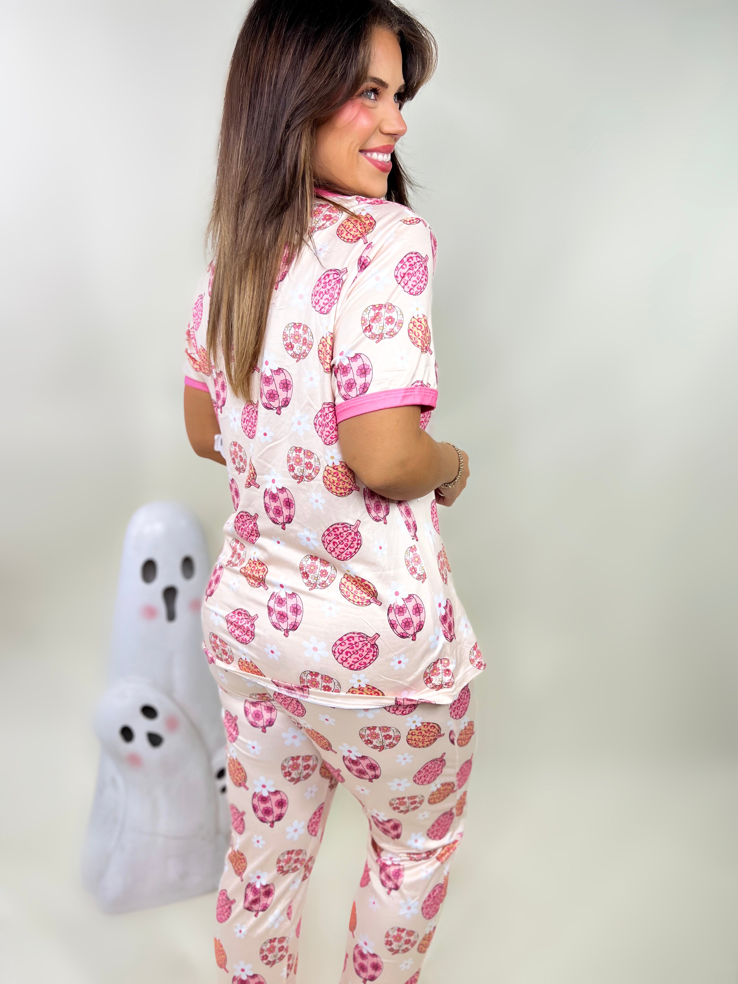 Pink Pumpkin Halloween PJ Set-240 Activewear/Sets-Shirley & Stone-Heathered Boho Boutique, Women's Fashion and Accessories in Palmetto, FL