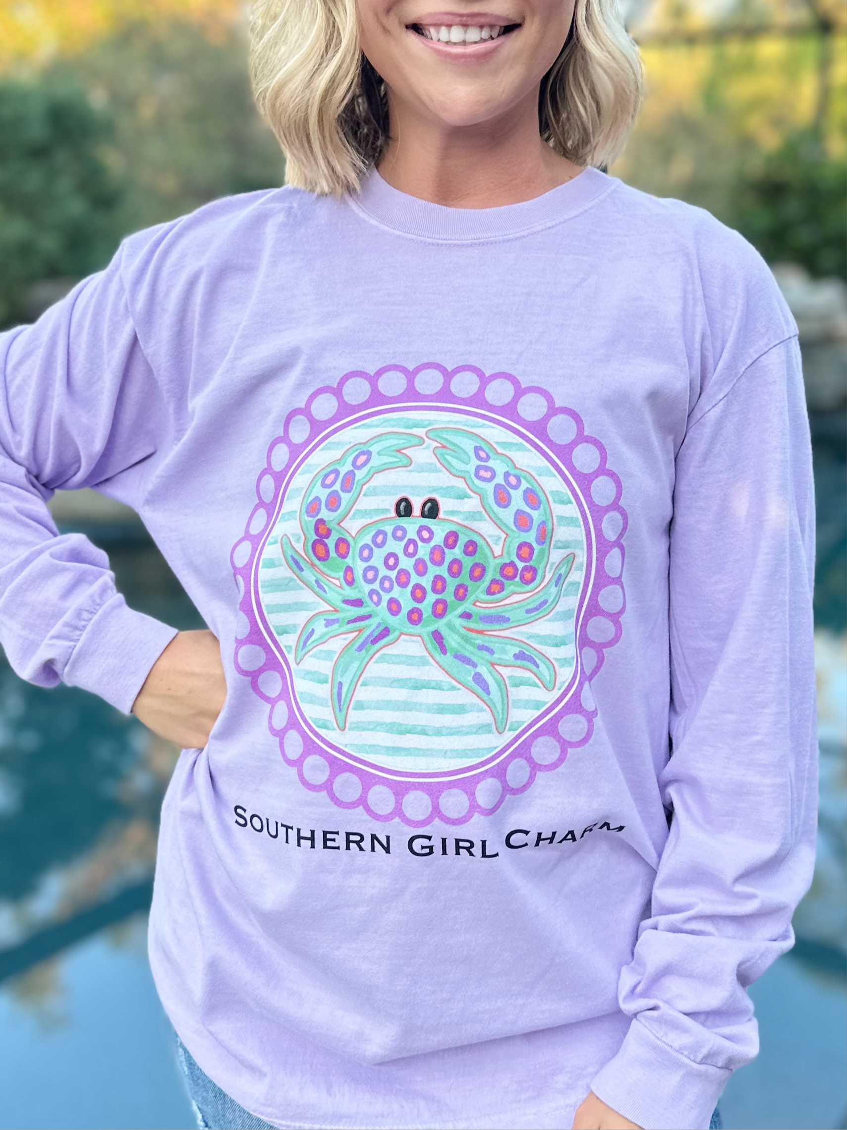 Southern Girl Charm Crab Graphic Long Sleeve - Orchid-130 Graphic Tees-Heathered Boho-Heathered Boho Boutique, Women's Fashion and Accessories in Palmetto, FL