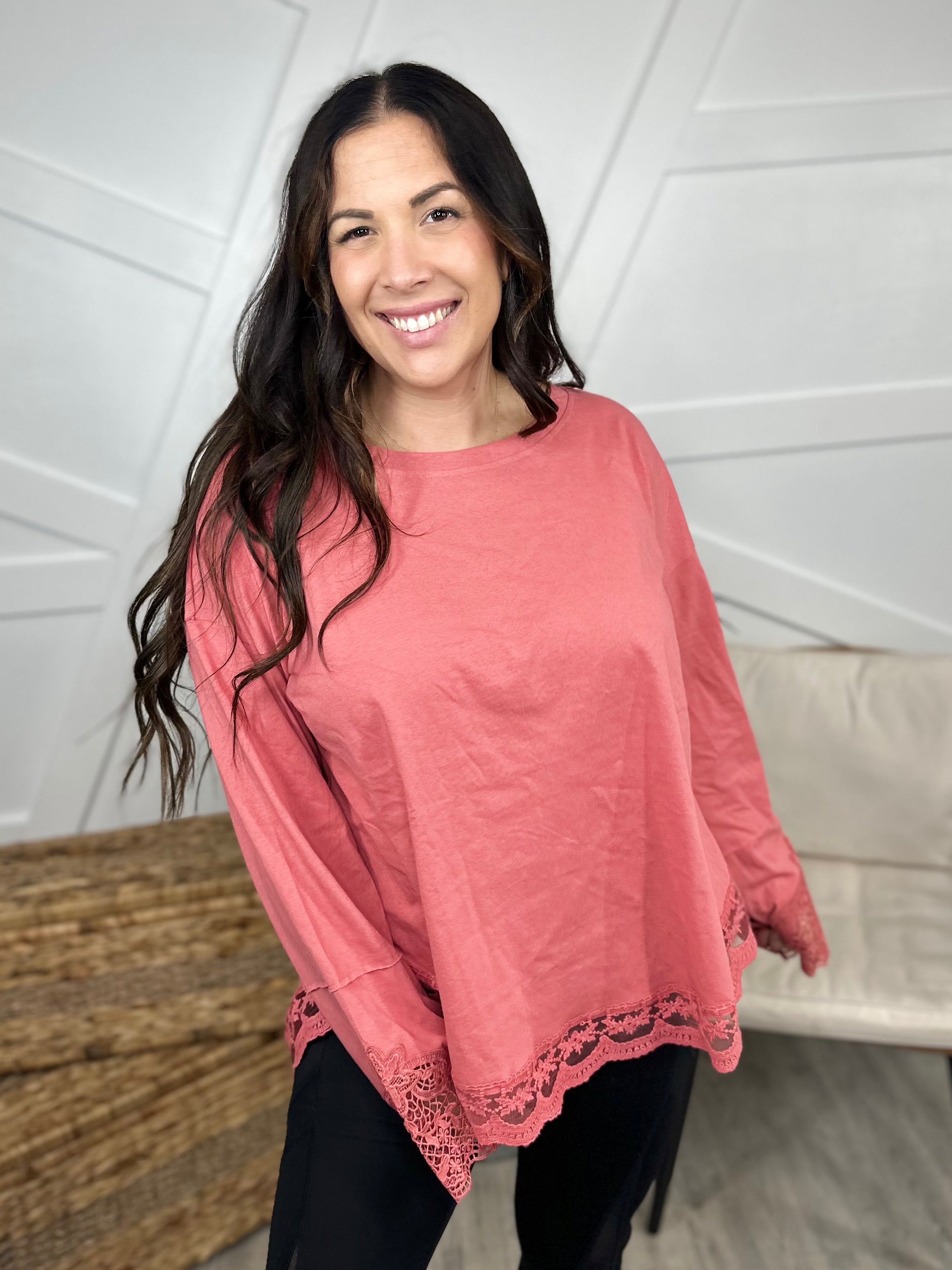 Tinkerbell Long Sleeve Top - Terracotta-120 Long Sleeve Tops-White Birch-Heathered Boho Boutique, Women's Fashion and Accessories in Palmetto, FL