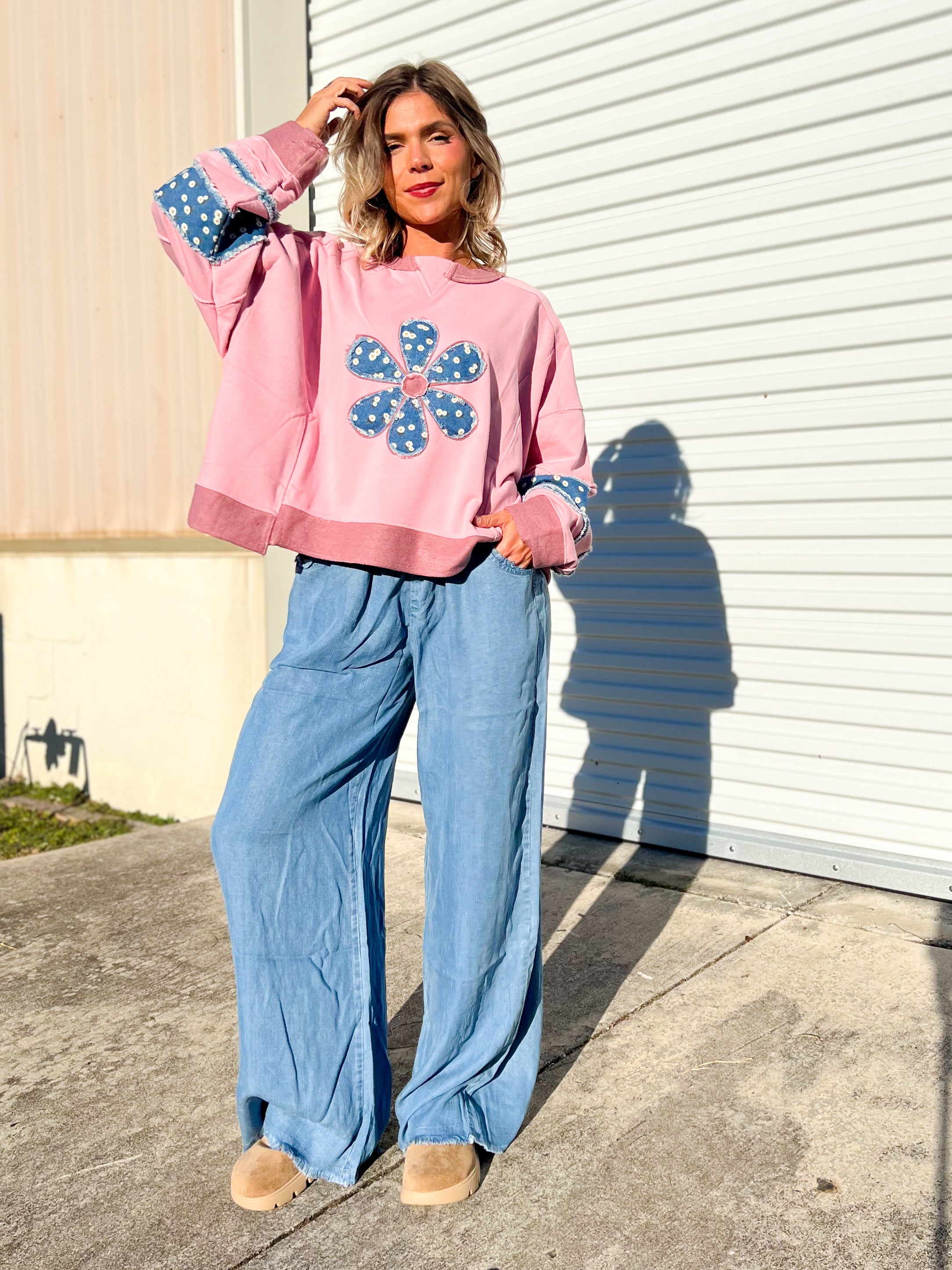 Daisy Days Patchwork Pullover-125 SWEATER-HEIMISH-Heathered Boho Boutique, Women's Fashion and Accessories in Palmetto, FL