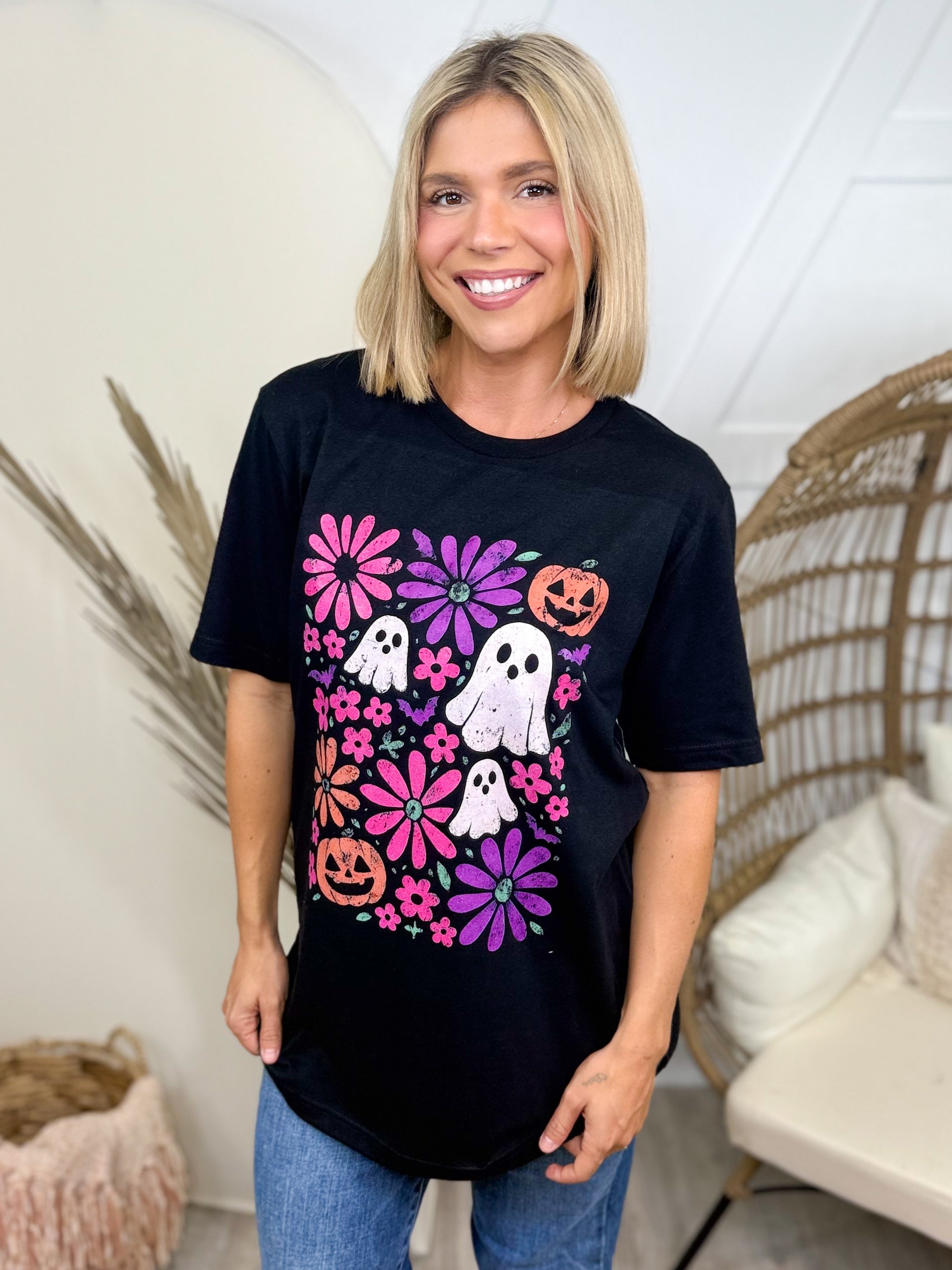 Boho Ghost & Flowers Graphic Tee-130 Graphic Tees-Heathered Boho-Heathered Boho Boutique, Women's Fashion and Accessories in Palmetto, FL