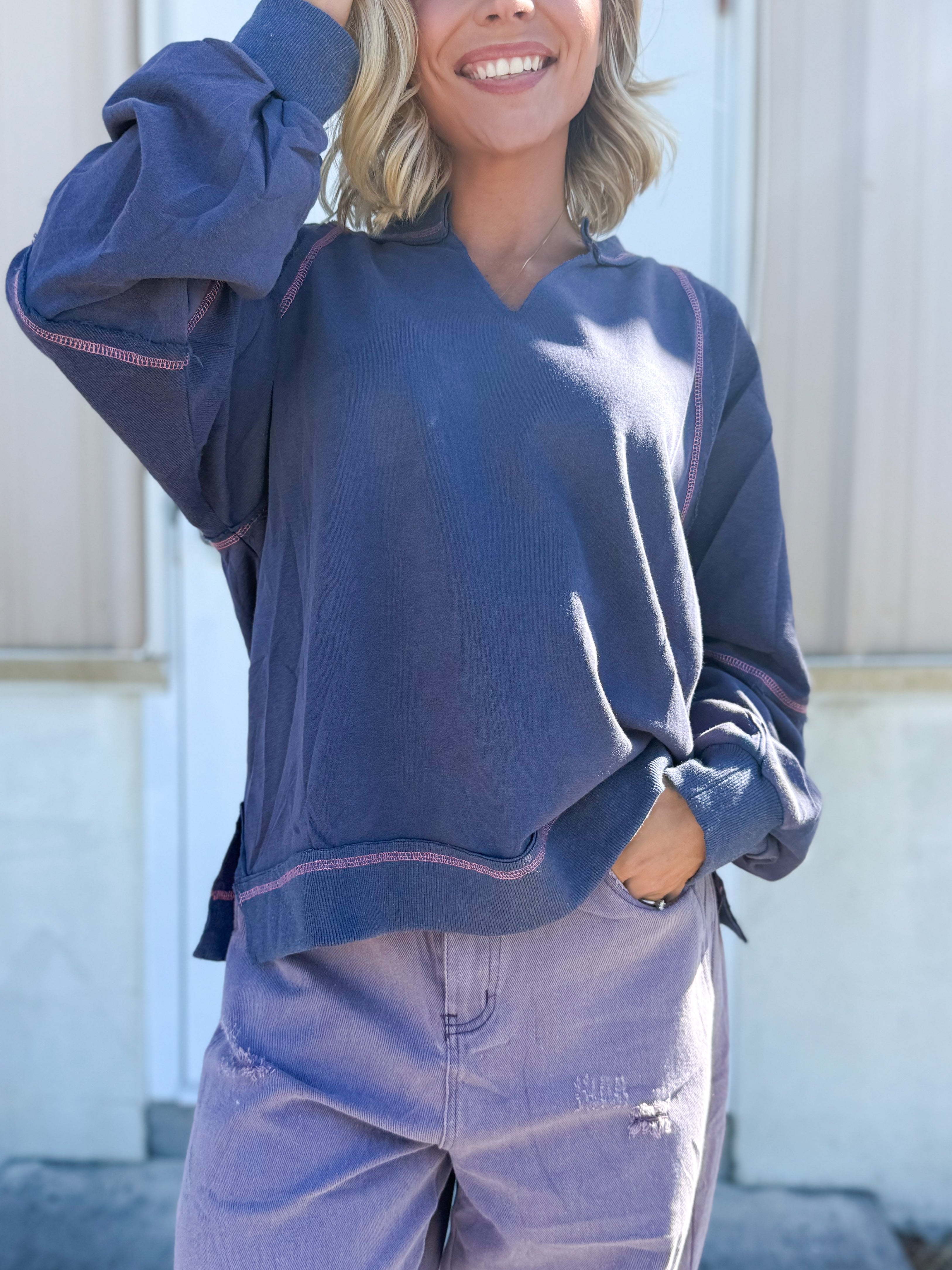 Stark Contrast Sweatshirt-120 LONG SLEEVE TOPS-ODDI-Heathered Boho Boutique, Women's Fashion and Accessories in Palmetto, FL