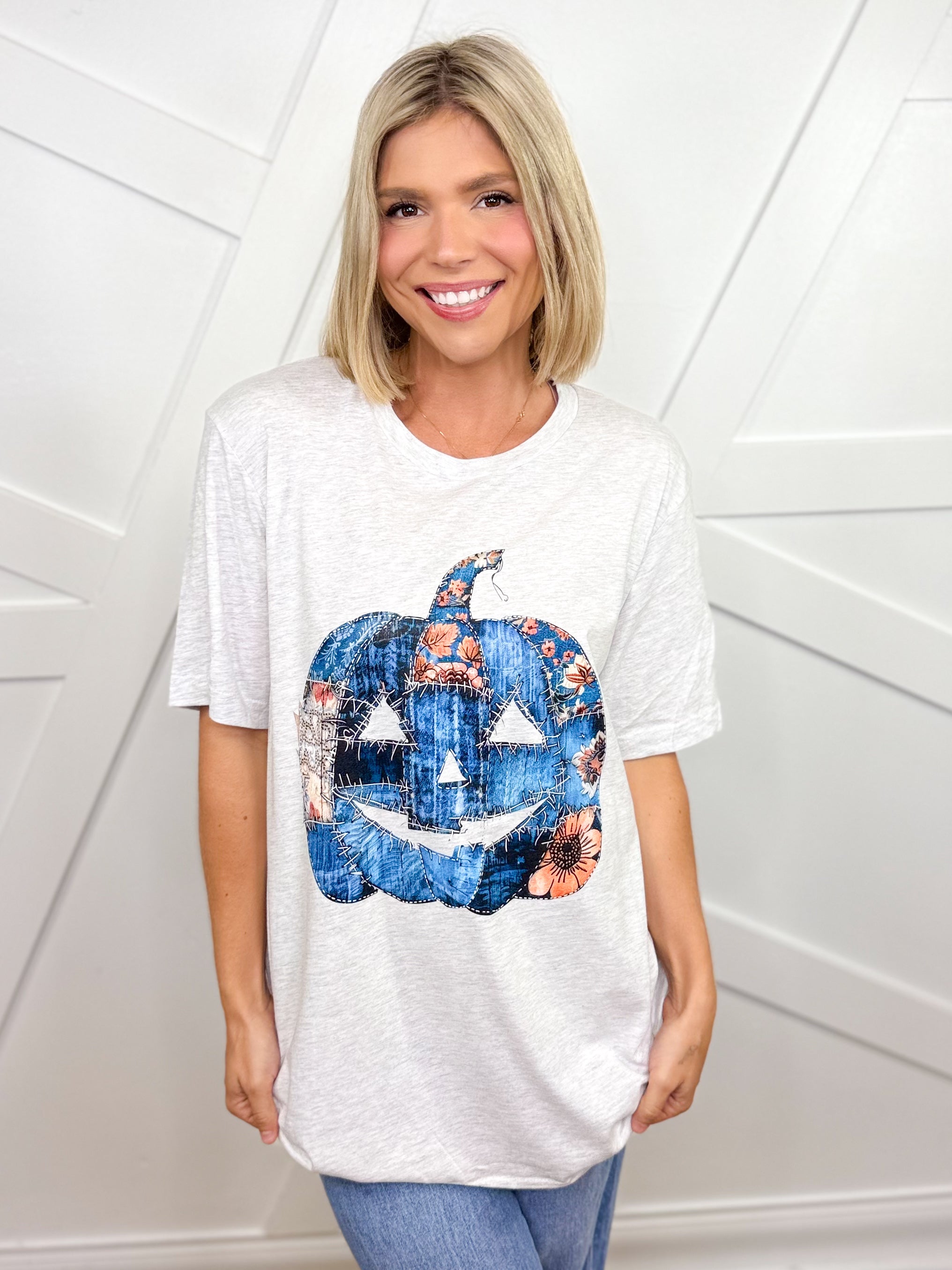 Denim Patchwork Pumpkin Graphic Tee-130 Graphic Tees-Heathered Boho-Heathered Boho Boutique, Women's Fashion and Accessories in Palmetto, FL