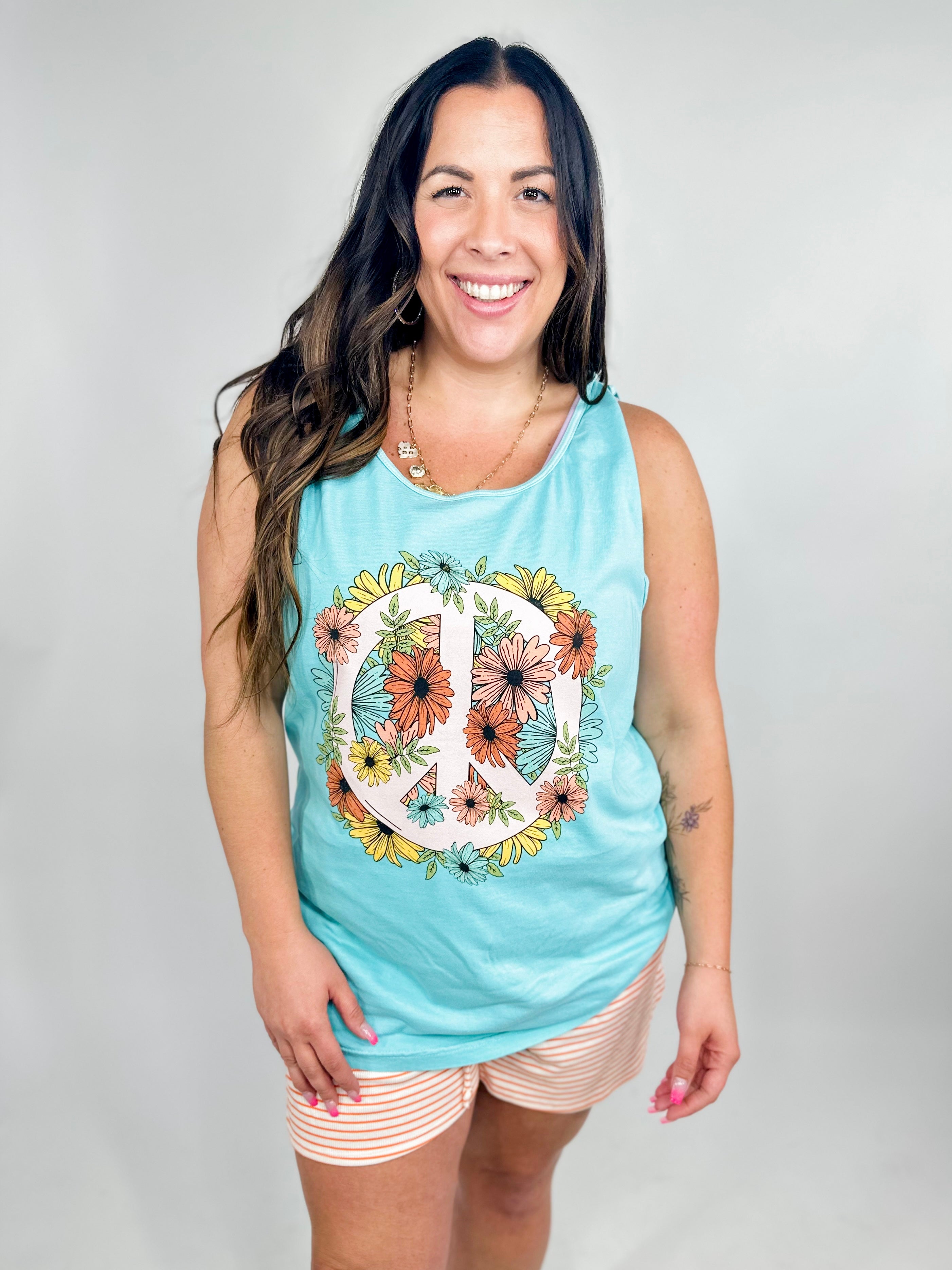 Floral Peace Sign Graphic Tank-130 Graphic Tees-Heathered Boho-Heathered Boho Boutique, Women's Fashion and Accessories in Palmetto, FL