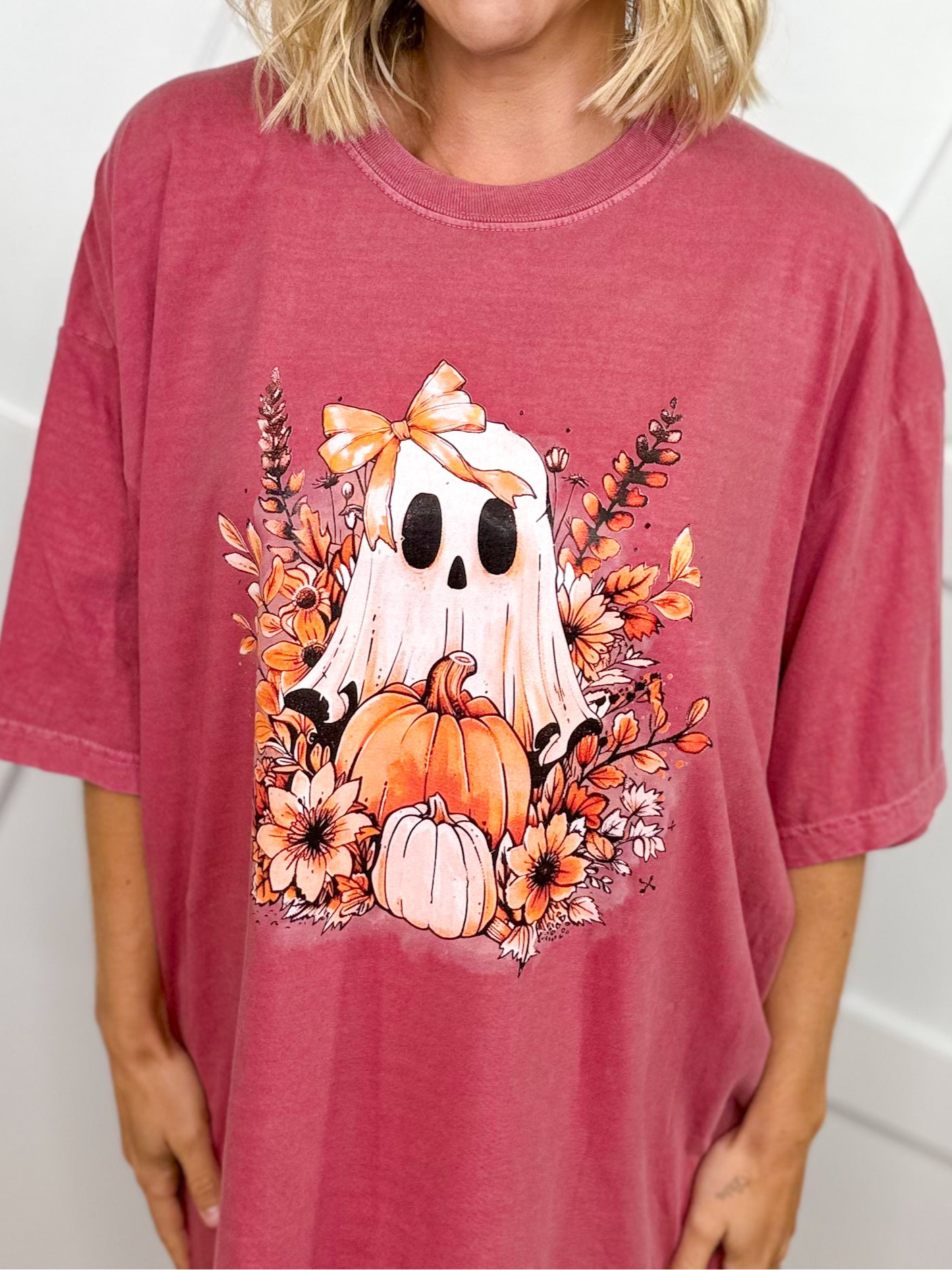 Floral Ghost Graphic Tee - Brick-130 Graphic Tees-Heathered Boho-Heathered Boho Boutique, Women's Fashion and Accessories in Palmetto, FL